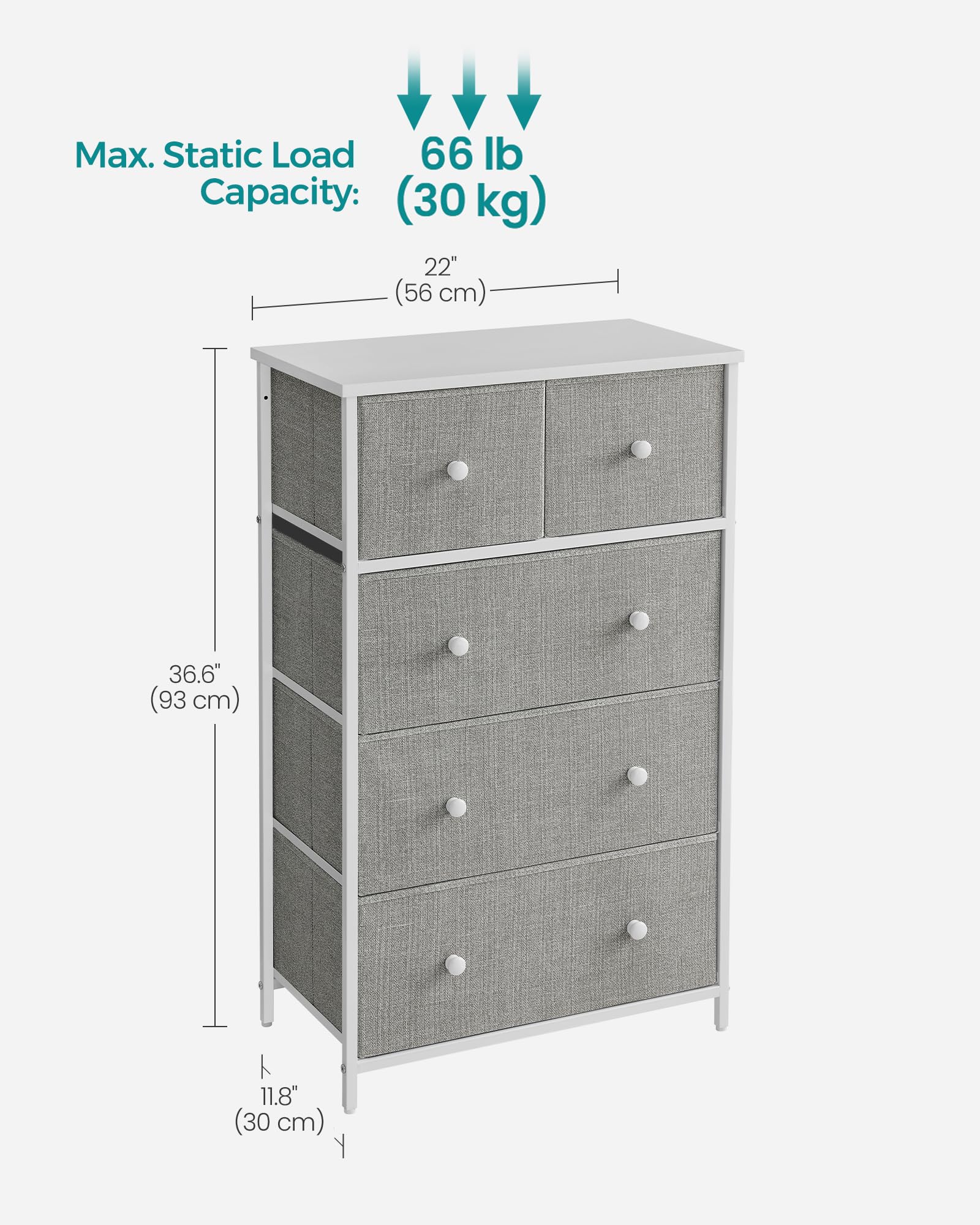 SONGMICS 5-Drawer Fabric Storage Organiser Unit - Light Grey/White | 30x56x93 cm 3
