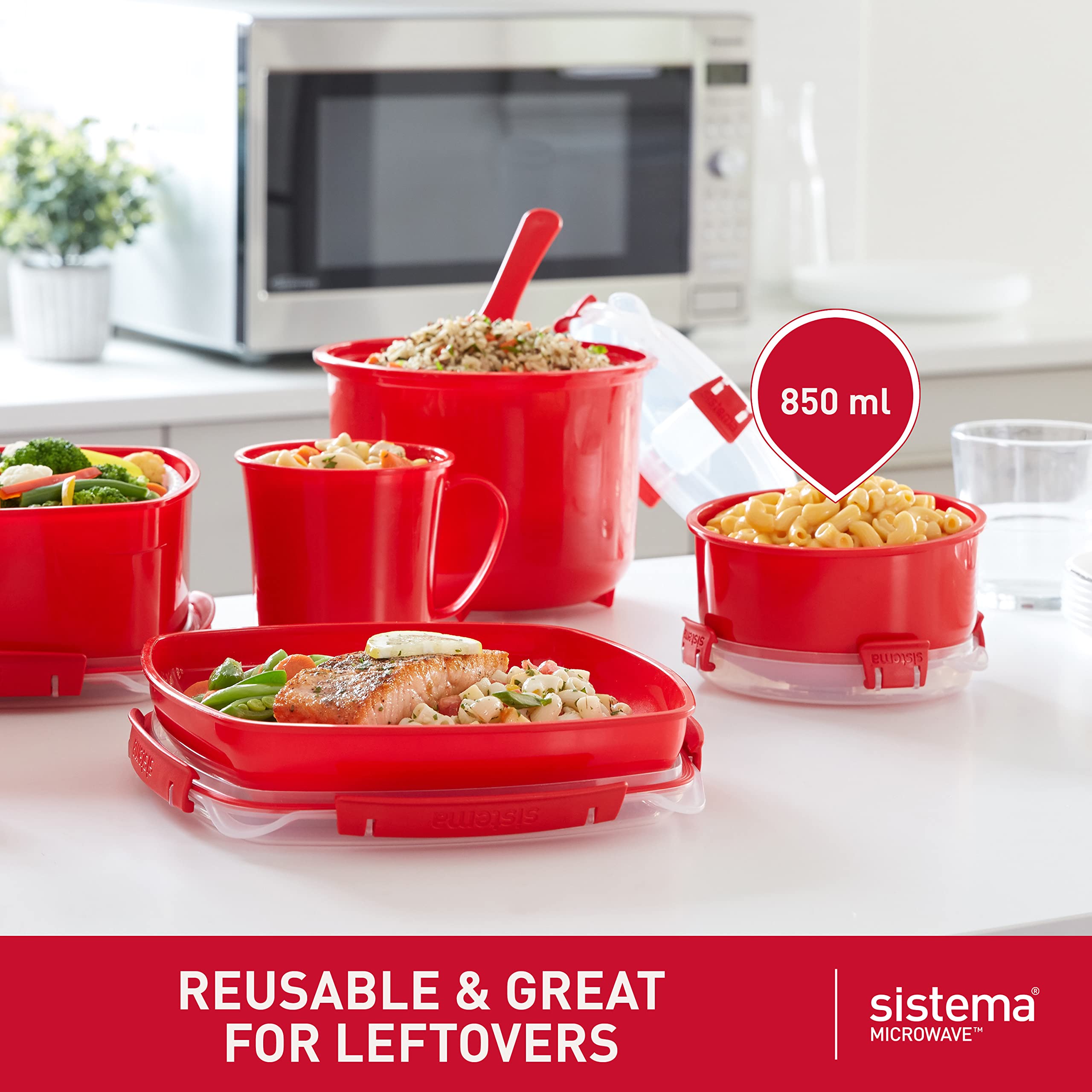 Sistema Microwave Breakfast Bowl - 850 ml Round Container with Steam Vent | BPA-Free Plastic | Red | 1 Count 5