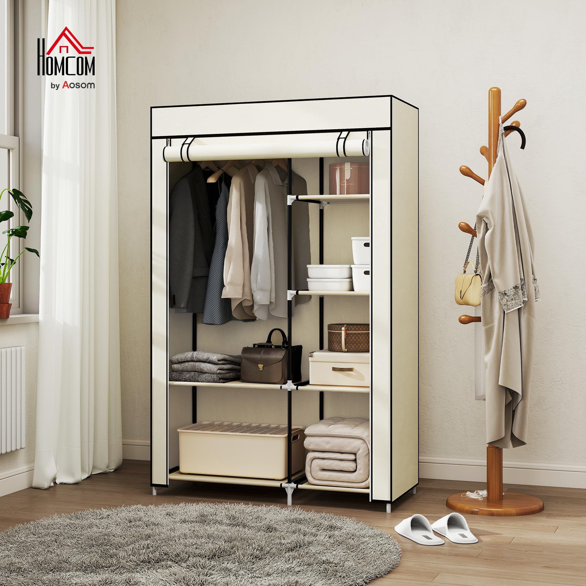 HOMCOM Portable Fabric Wardrobe - 6 Shelves, Hanging Rail | Cream White | 103W x 43D x 162.5H cm 2