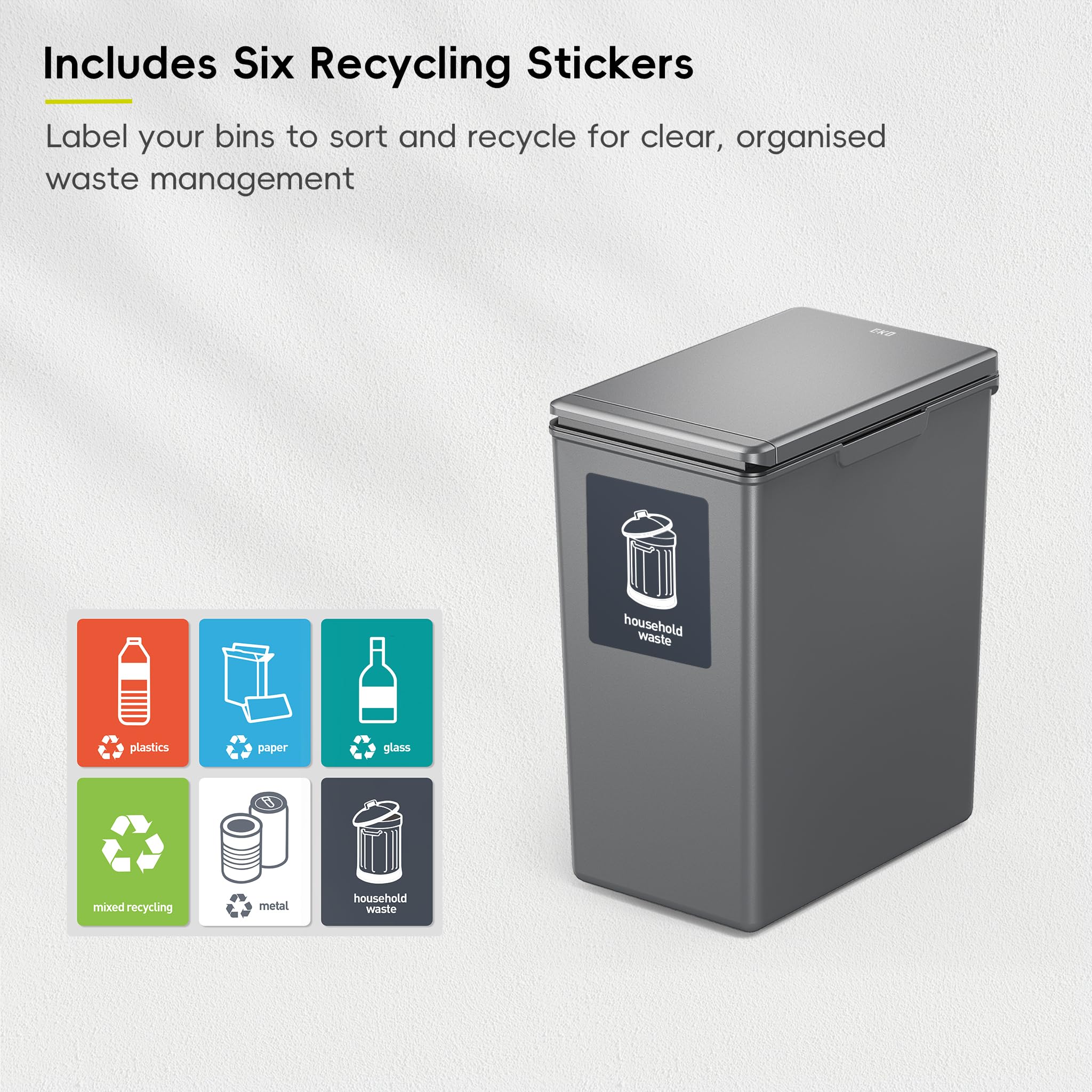 EKO Morandi 20L Kitchen Recycling Bin with Touch-Top Lid | Slim Plastic Resin Design | Dark Grey 9
