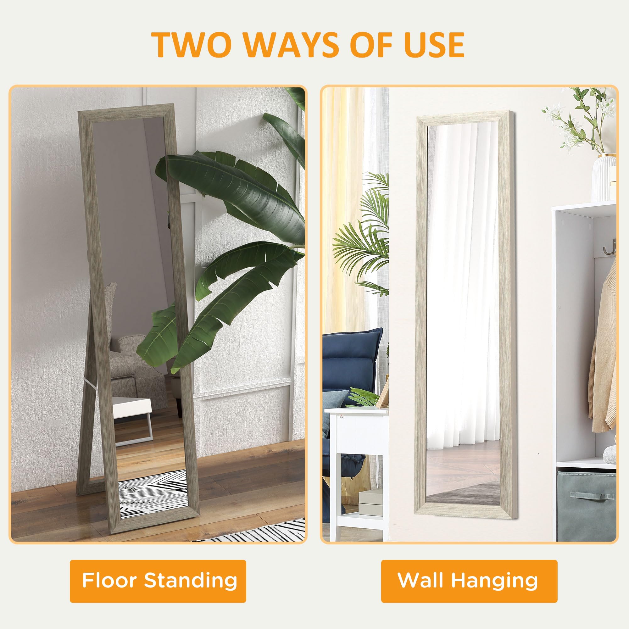 HOMCOM Full Length Floor Mirror - Grey Wood-Effect Frame | 157H x 37W cm | Wall Mount or Stand 4