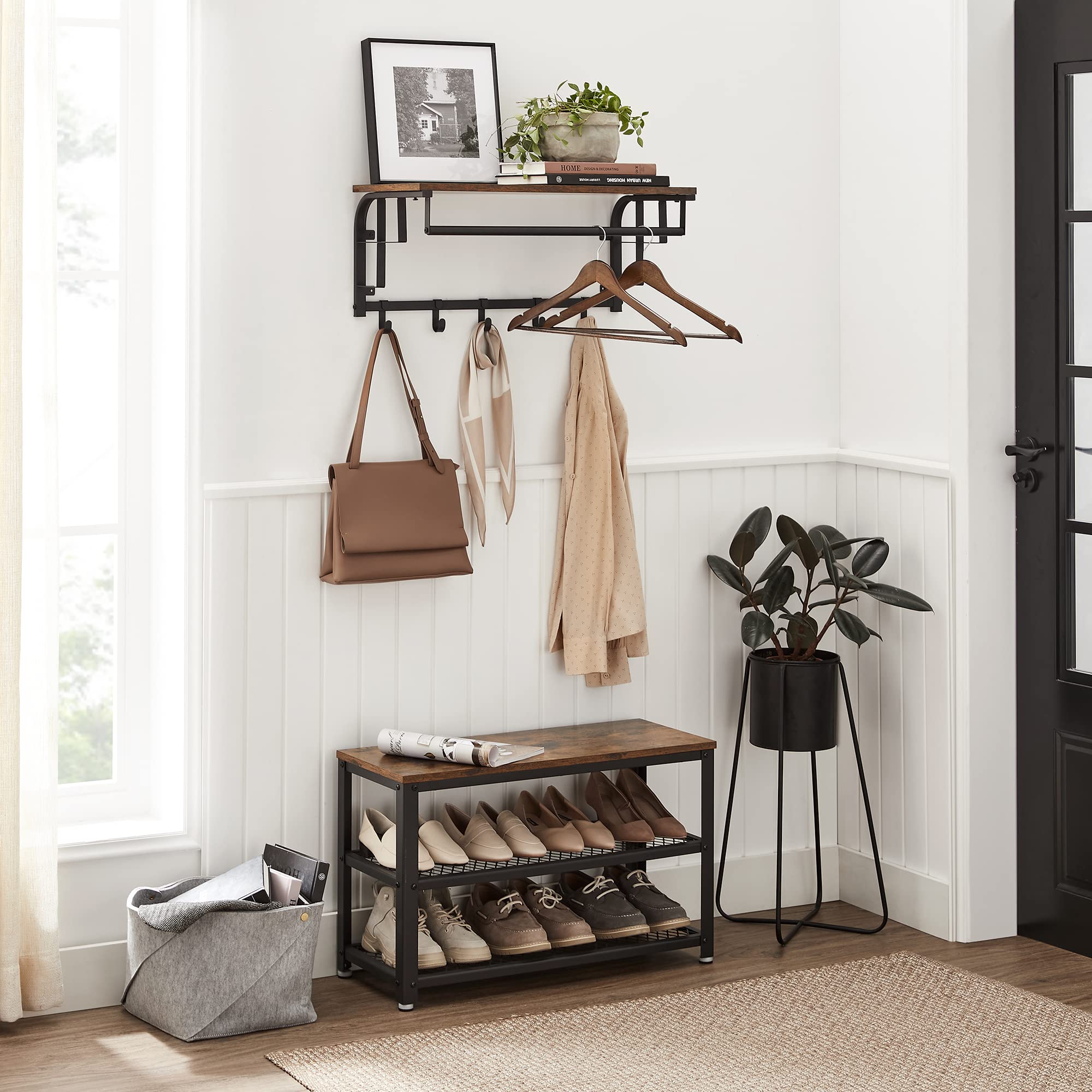 VASAGLE Wall Coat Rack with Shelf, Rod, and 5 Hooks | Rustic Brown + Black | 15kg Shelf Capacity 3