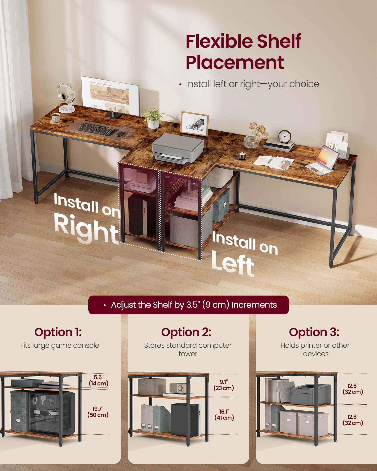 VASAGLE L-Shaped Computer Desk with Reversible Storage | 120 x 80 cm | Rustic Brown 5