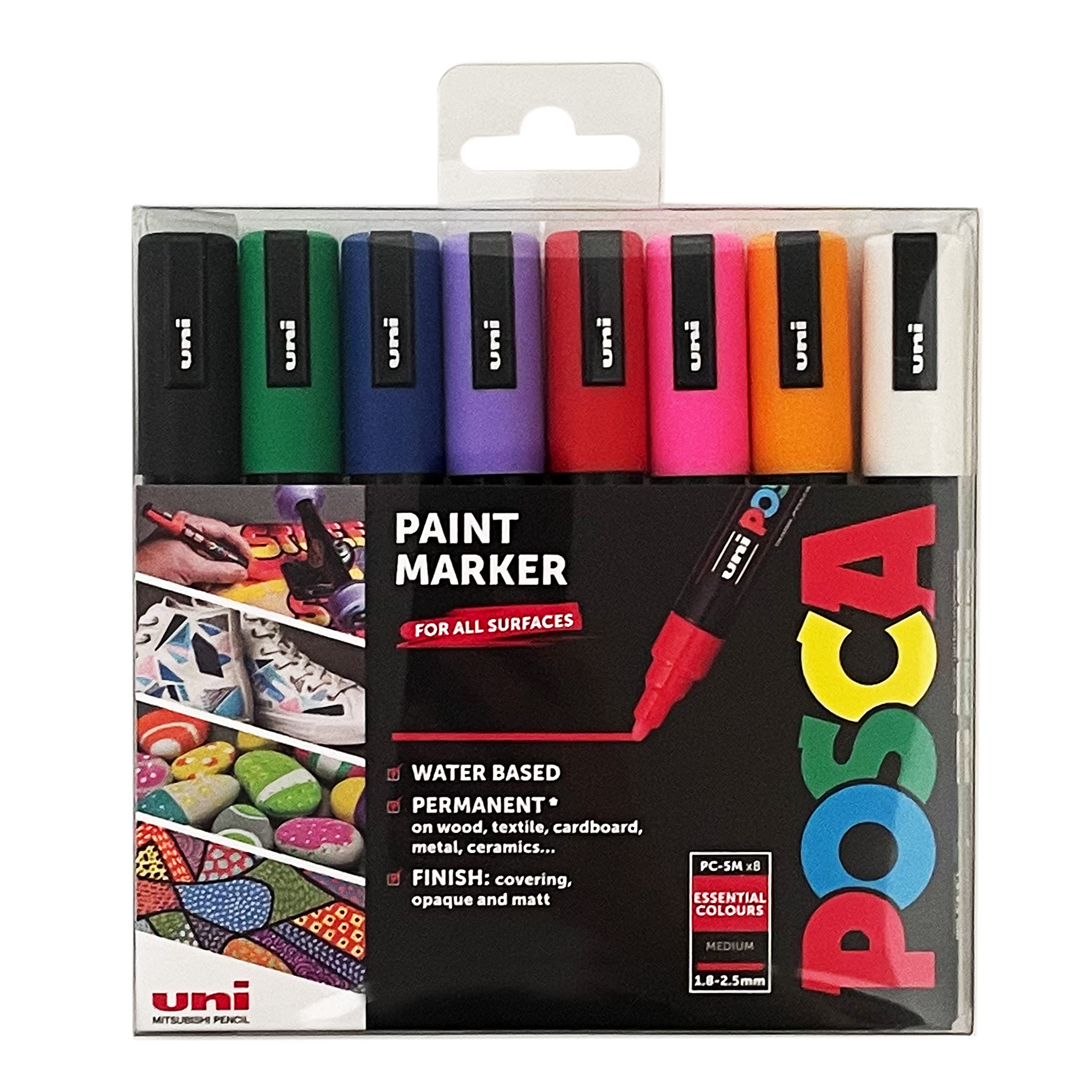 Posca PC-5M Medium Bullet Tip Paint Markers - Essential 8pc Set | 1.8mm-2.5mm Line | Water-Based Opaque Color 1