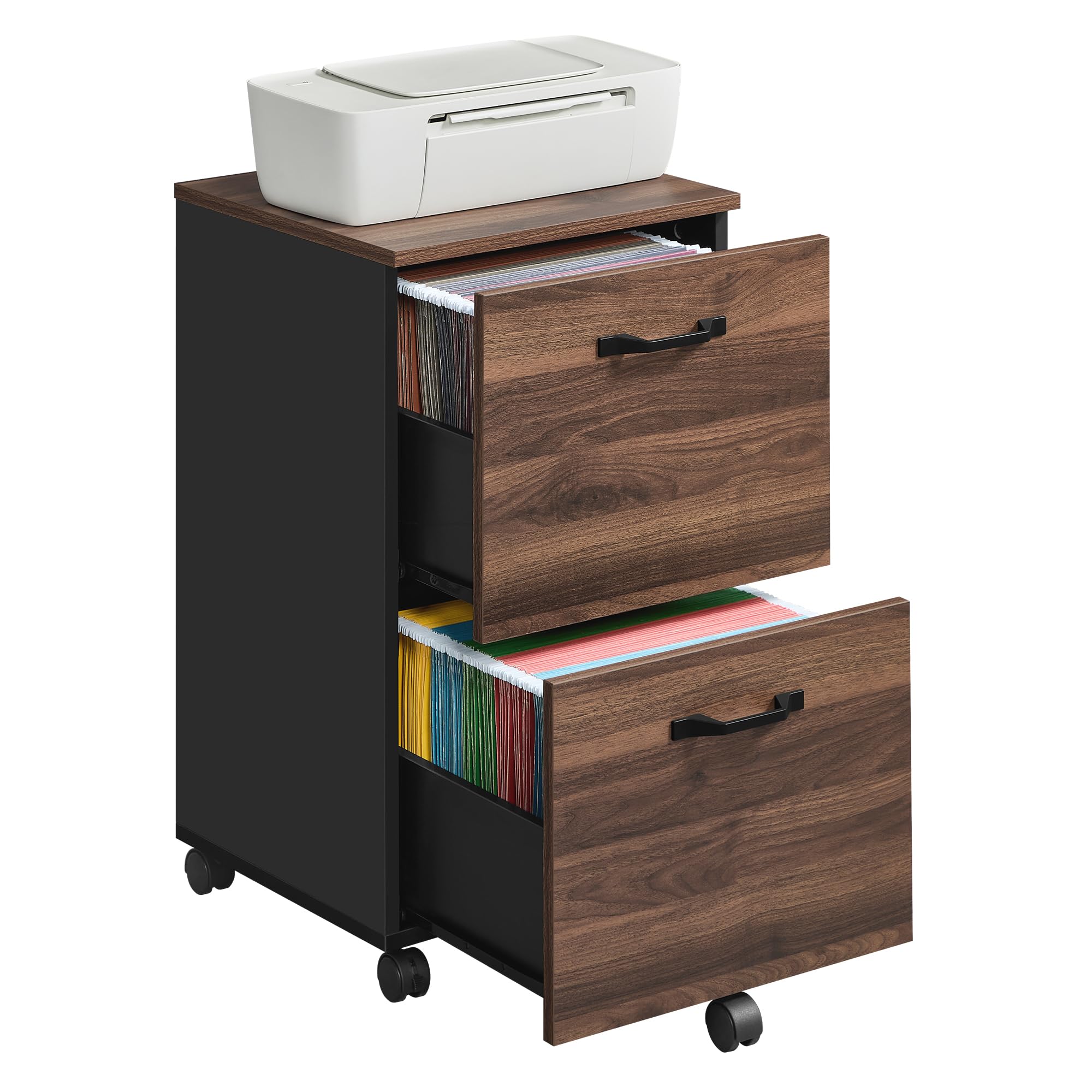 VASAGLE 2-Drawer Mobile Filing Cabinet - A4/Letter Size Support | Natural Walnut & Ink Black | 35kg Capacity