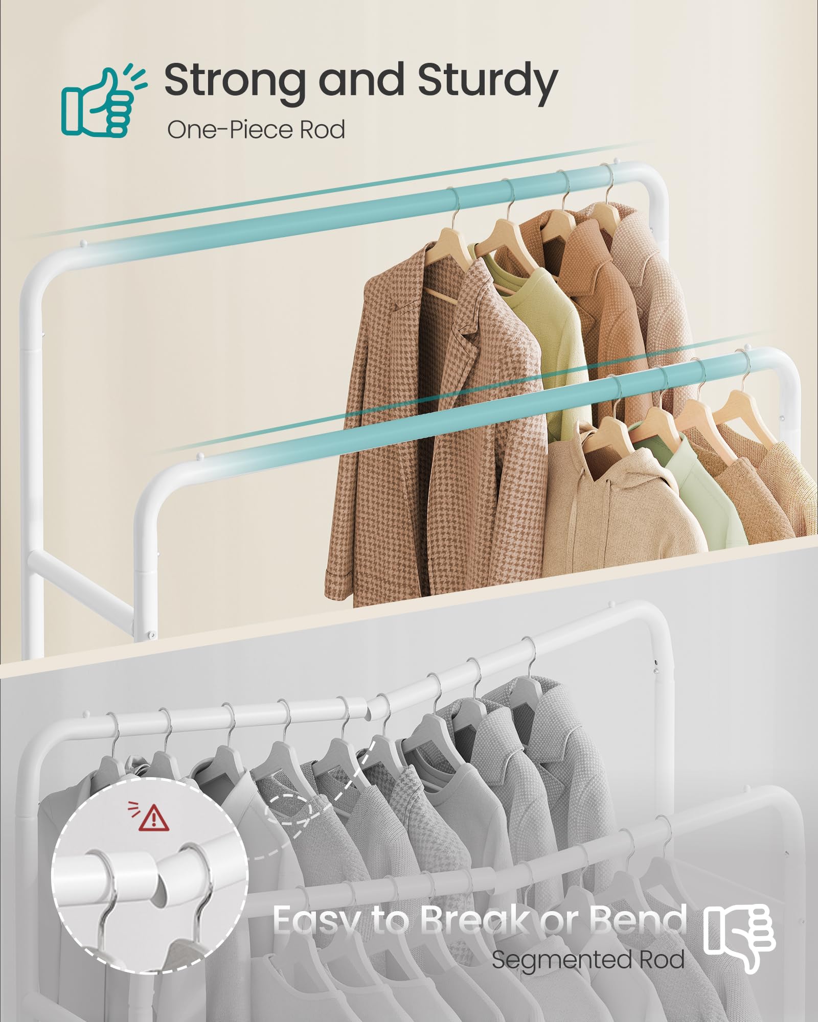 SONGMICS Clothes Rack on Wheels - Heavy Duty Steel, 90 kg Capacity | Matte White 3