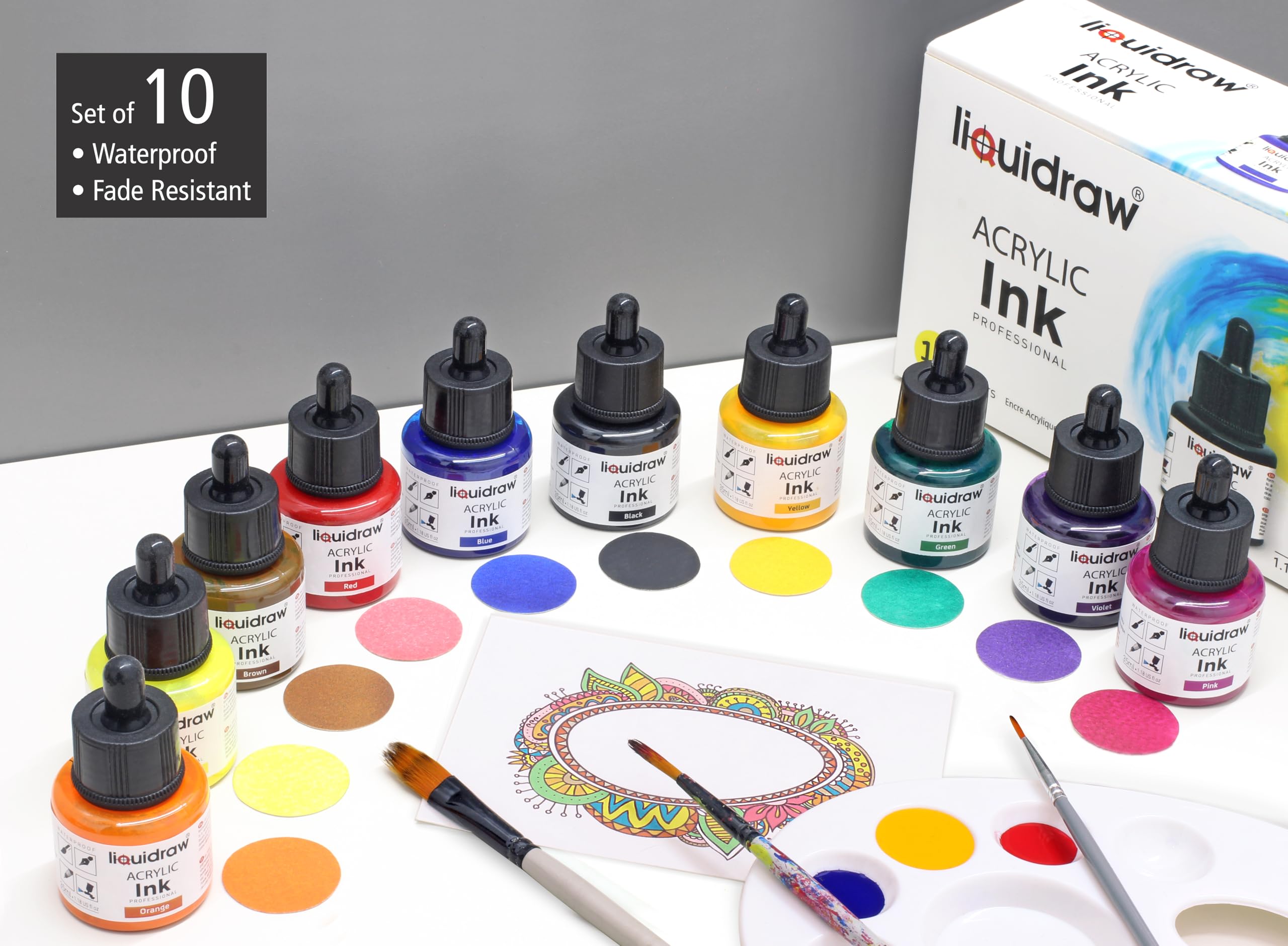 Liquidraw Acrylic Drawing Ink - 10 Assorted Colours | 35 ml Bottles 2
