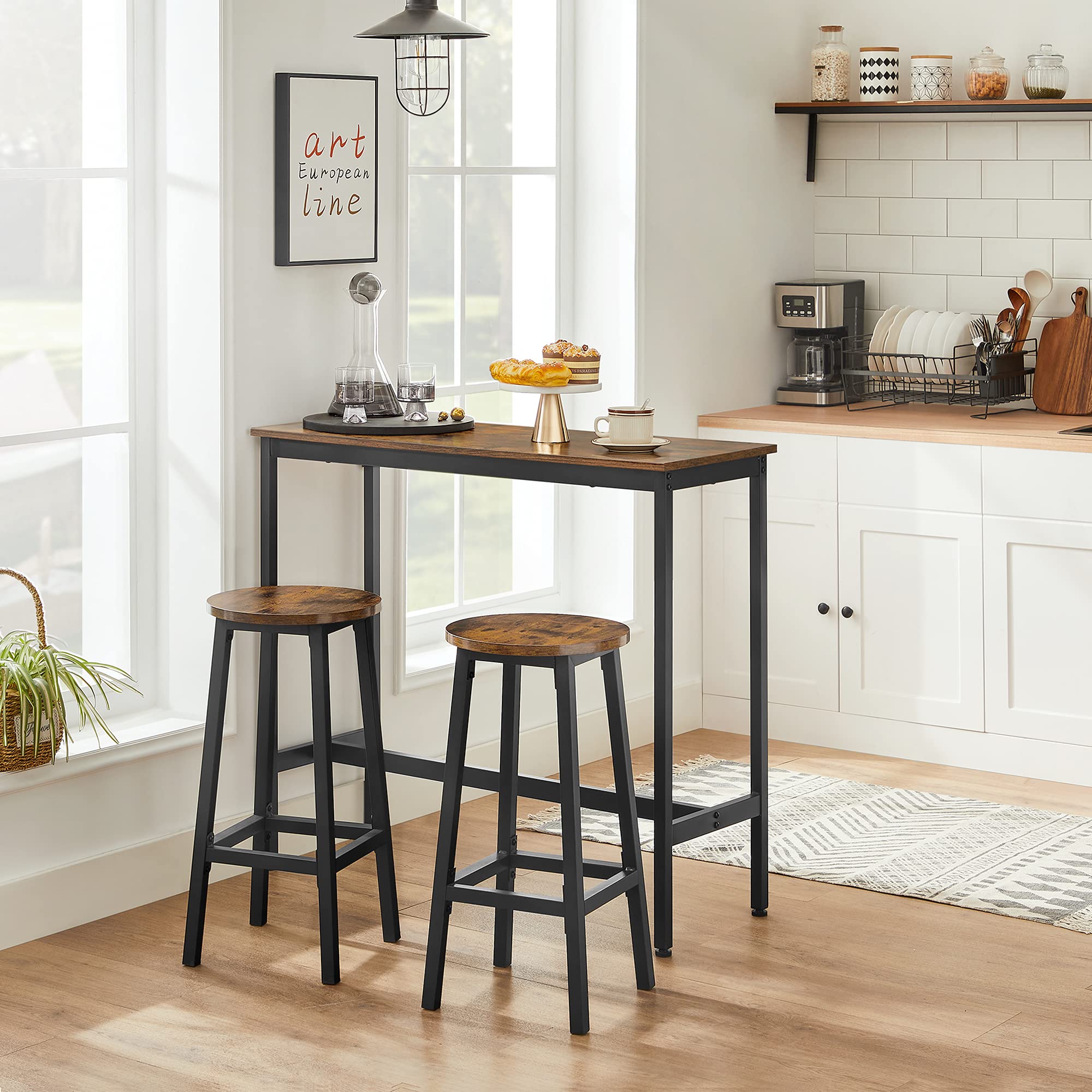 VASAGLE Bar Set with 1 Table and 2 Stools | Rustic Brown & Black | Engineered Wood 2