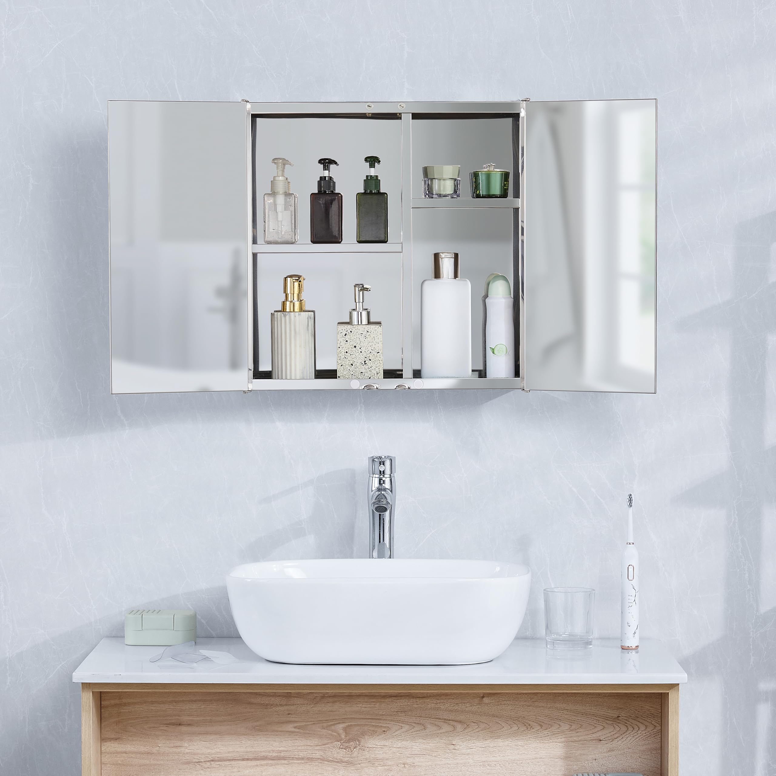 Bath Vida Tiano Double-Mirror Wall Cabinet - Stainless Steel & Glass | W 45 x D 9 cm | Max Load 15 kg 6
