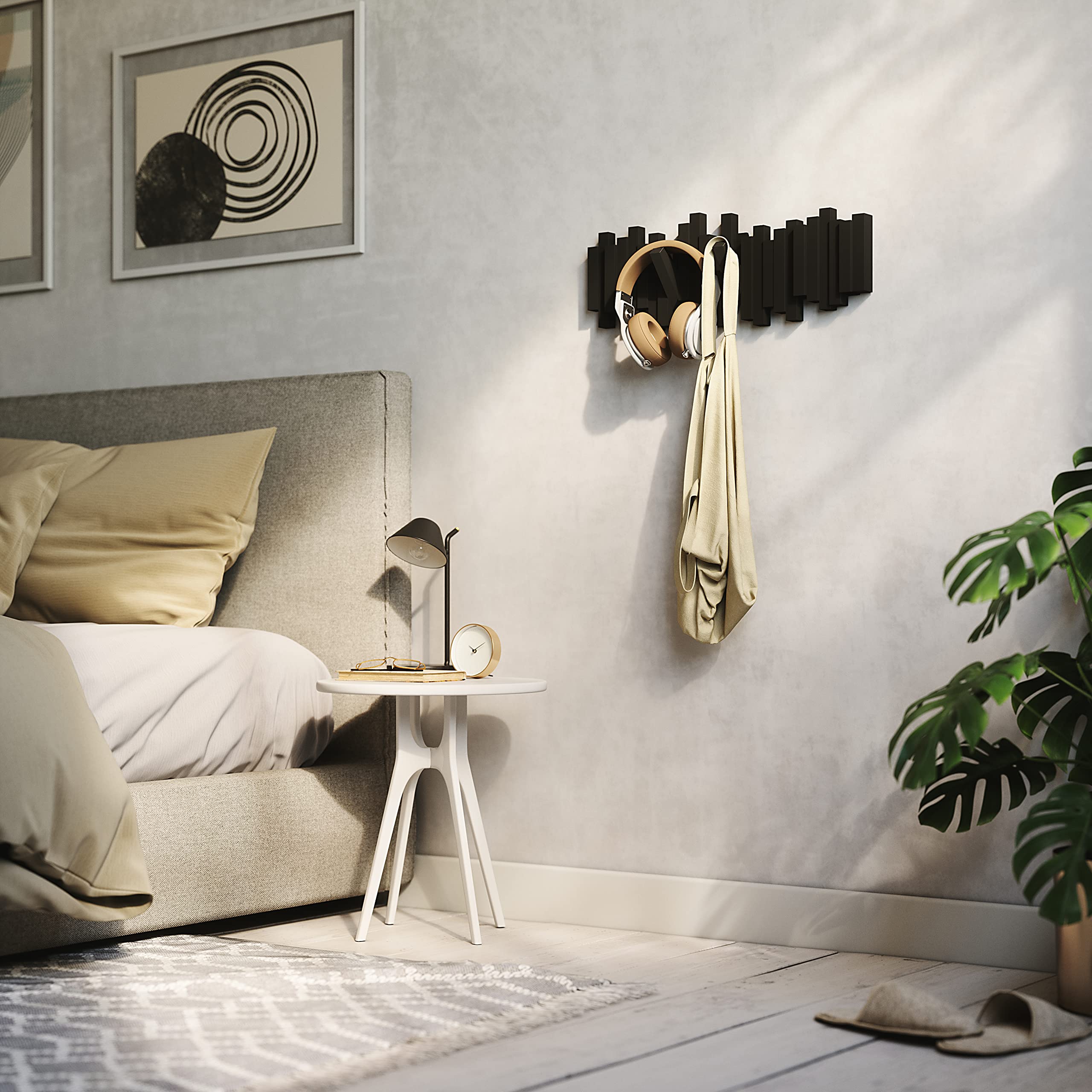 Umbra Sticks Wall-Mounted Coat Rack Rail Hook with 5 Retractable Pegs | Black Plastic 9