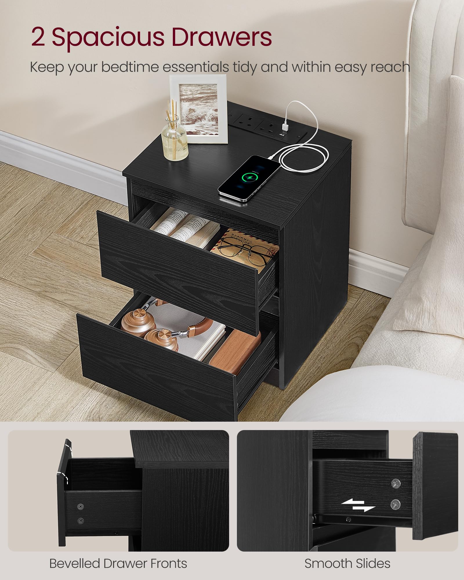VASAGLE KAILYN Nightstand with Charging Station | 2 Drawers | Ebony Black 5