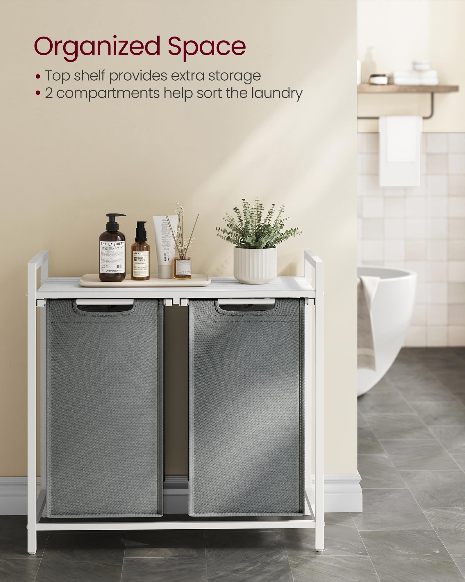 VASAGLE Laundry Basket - 2-Compartment Hamper with Shelf | 92 L Capacity | White & Light Grey 3