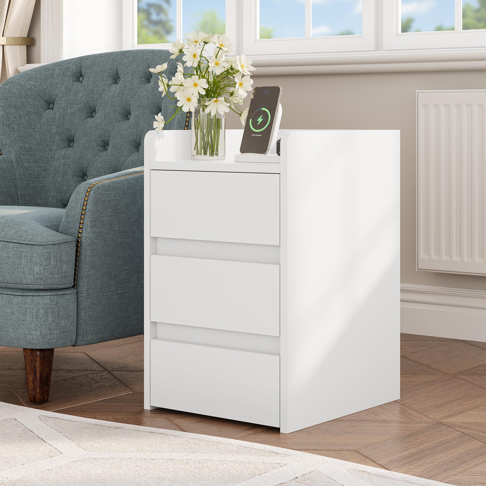 YITAHOME Bedside Table with 3 Drawers and Built-in Power Station | White Engineered Wood | 35x40x59cm 6