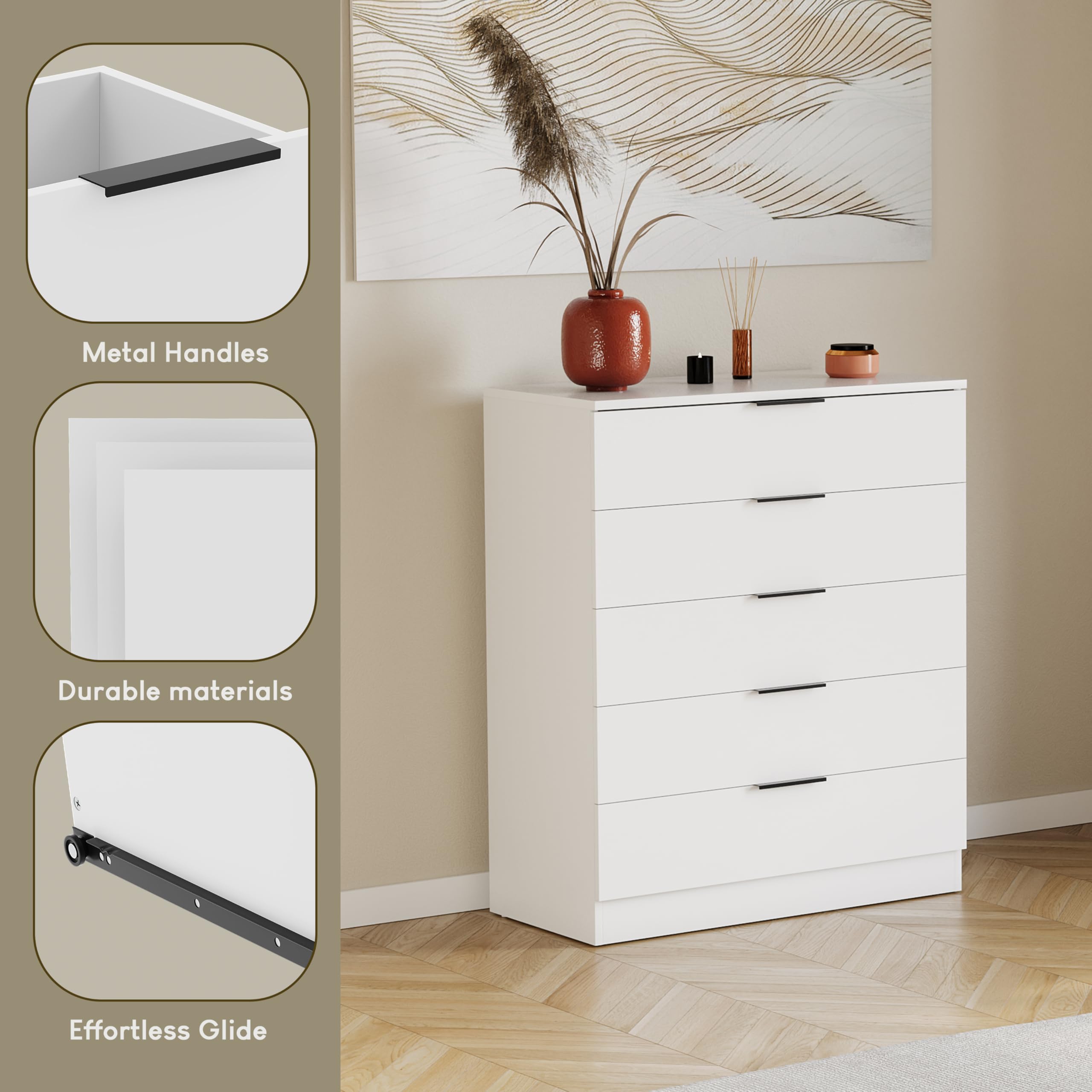Vida Designs Trega 5 Drawer Chest of Drawers - White | 90H x 66W x 36D cm | Space-Saving 4