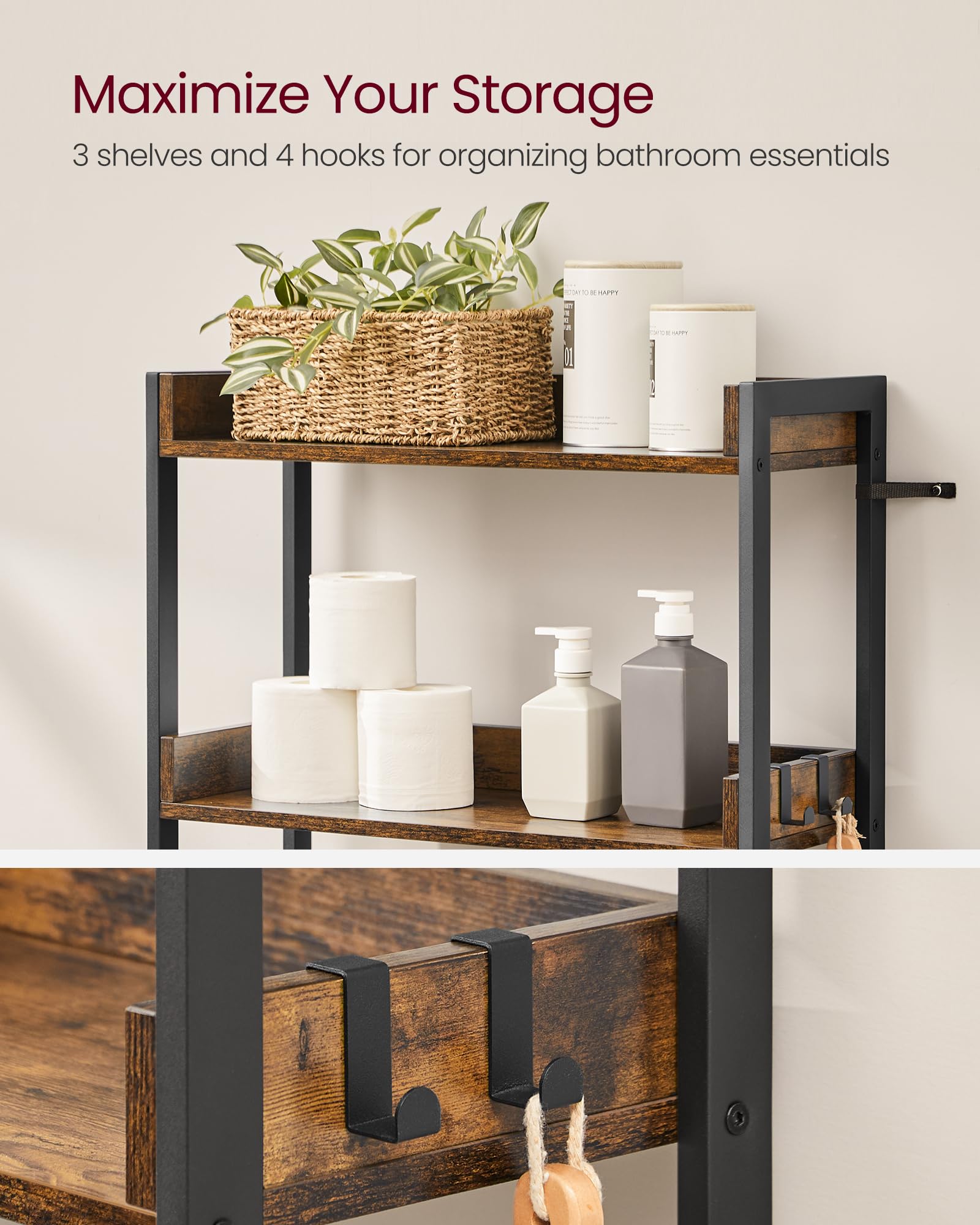 VASAGLE 3 Tier Over the Toilet Storage Shelf | Industrial Style | Rustic Brown & Black | BTS002B01 5