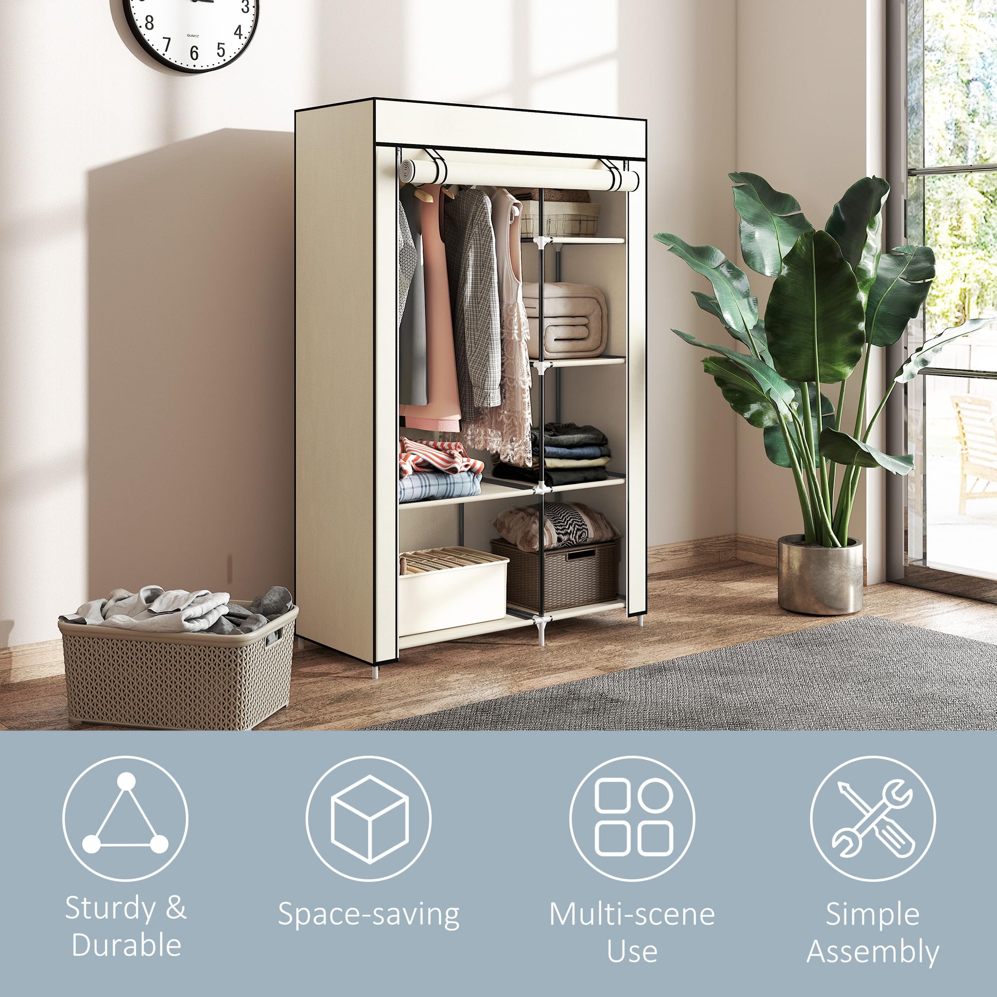 HOMCOM Portable Fabric Wardrobe - 6 Shelves, Hanging Rail | Cream White | 103W x 43D x 162.5H cm 5