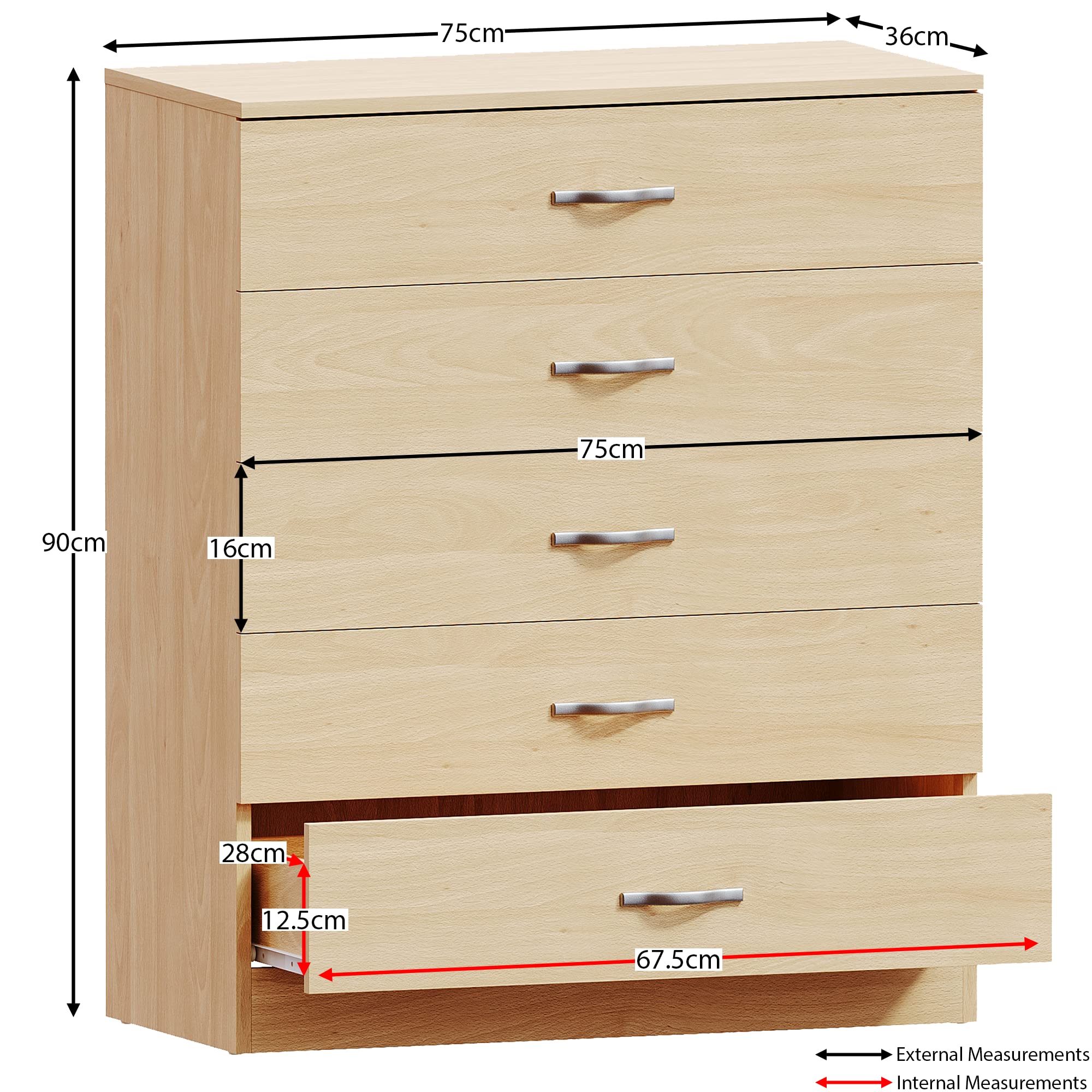 Vida Designs Riano 5 Drawer Chest - Pine Finish | Engineered Wood | 75W x 36D x 90H cm 3