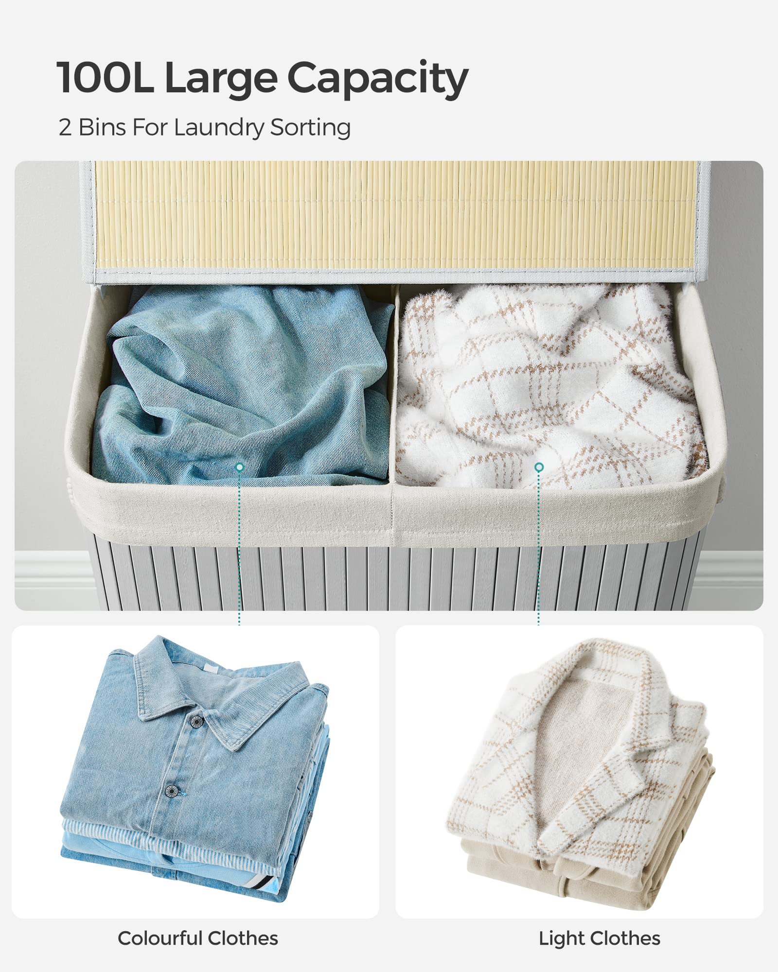 SONGMICS Bamboo Laundry Basket with Lid - 100L Volume, 2 Sorting Compartments, Removable Bag, Grey 7