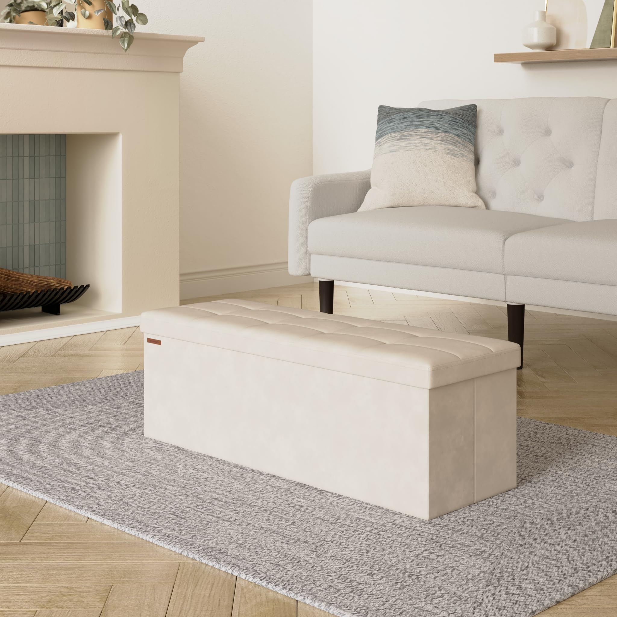 SONGMICS Storage Ottoman - Foldable Bench with 131L Capacity | Cream White | 38D x 110W x 38H cm