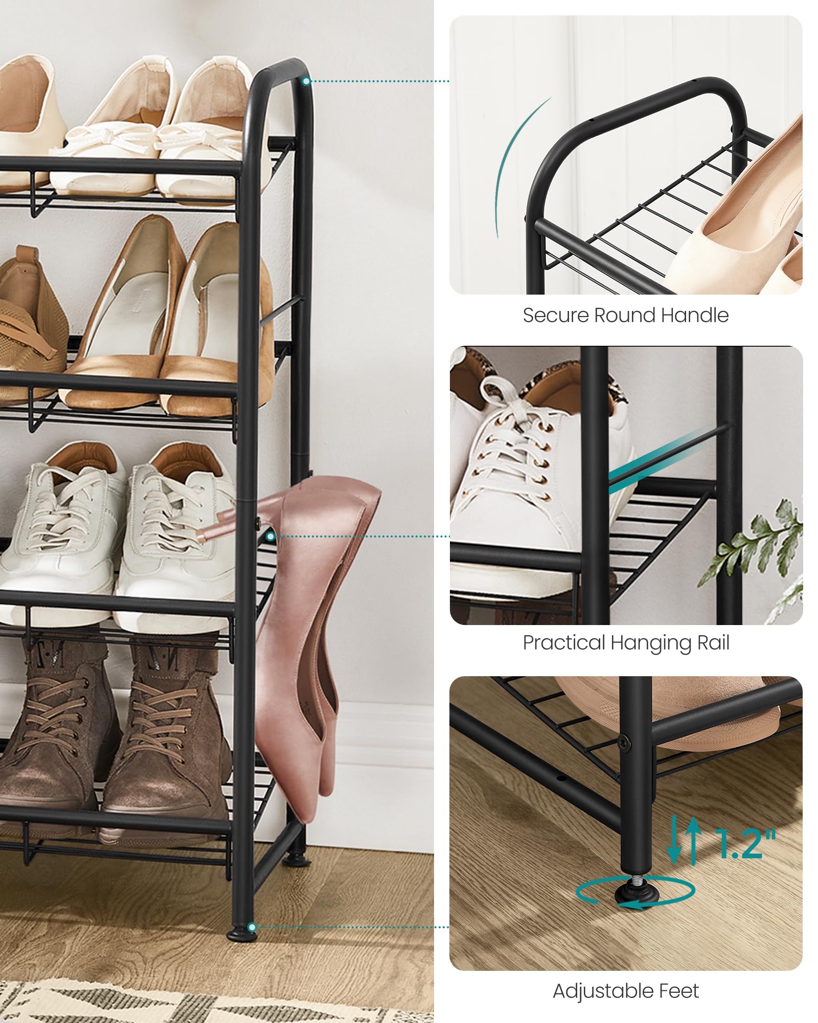 SONGMICS 4 Tier Stackable Shoe Rack - Metal Frame, Holds Up to 16 Pairs | Black 8