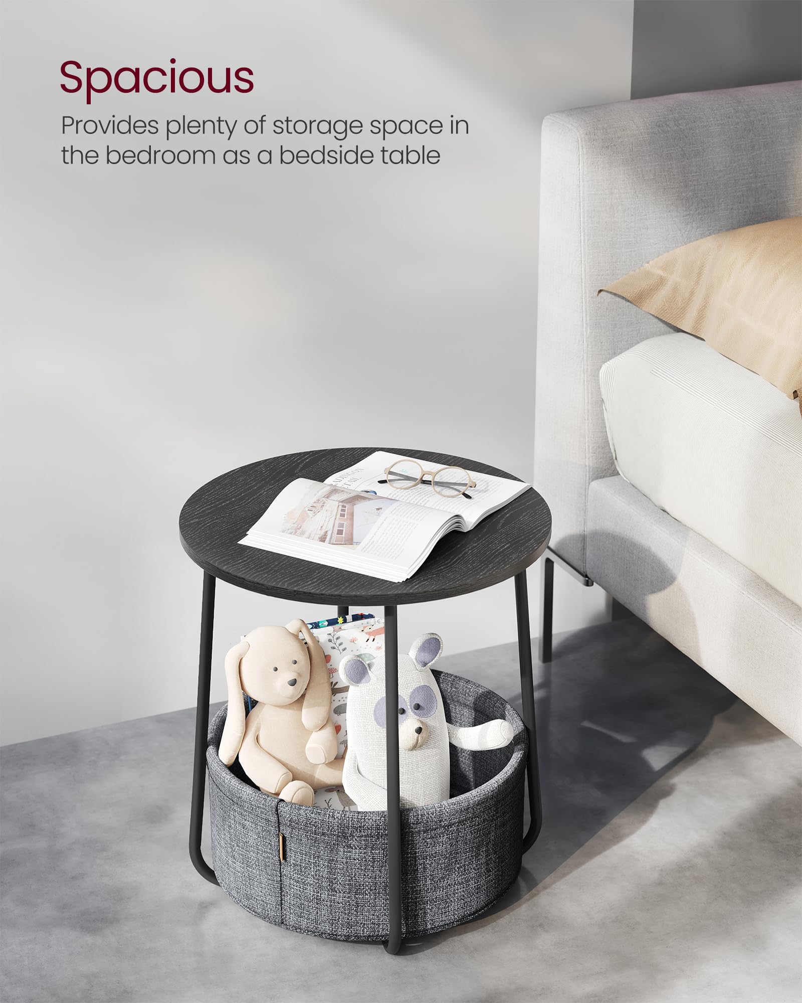 VASAGLE Round End Table with Fabric Basket | Ebony Black | 45 x 50 cm 4