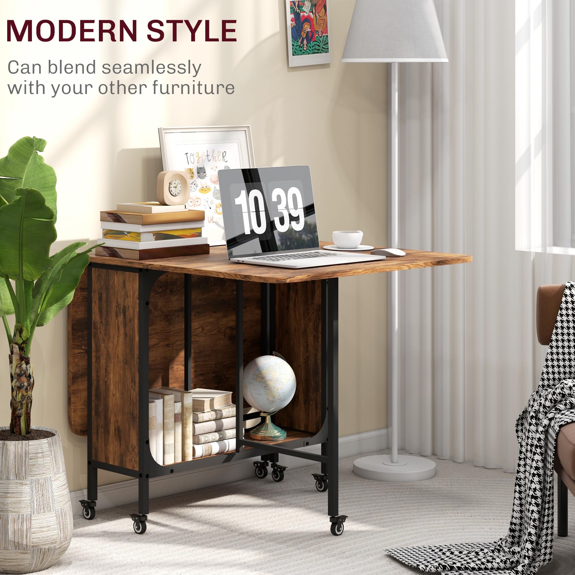 HOMCOM Mobile Drop Leaf Dining Table - Extendable to Seat Six | Rustic Brown | Storage Shelf 7