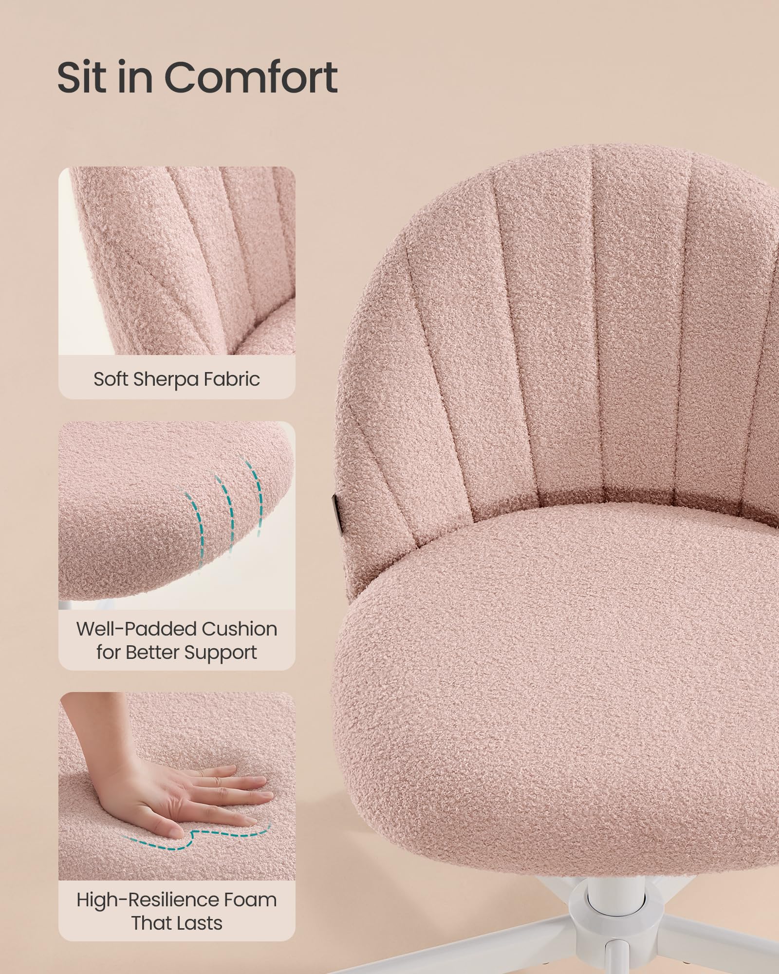 SONGMICS Office Chair - Teddy Fleece Swivel Desk Chair | Height Adjustable | Jelly Pink 6