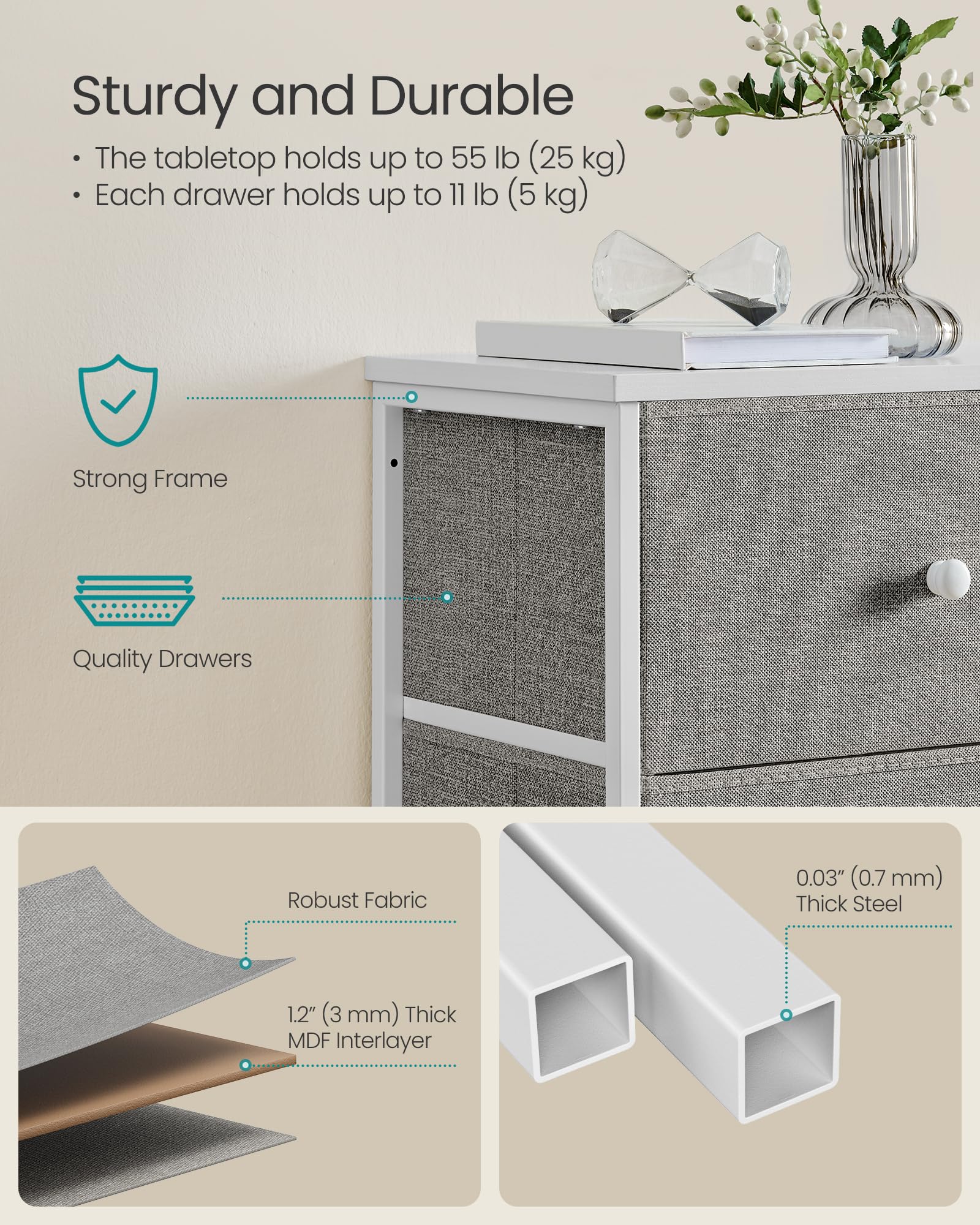 SONGMICS Chest of Drawers - 5 Fabric Drawers, Metal Frame, Tall & Slim Storage | Dove Grey/Cream White 6