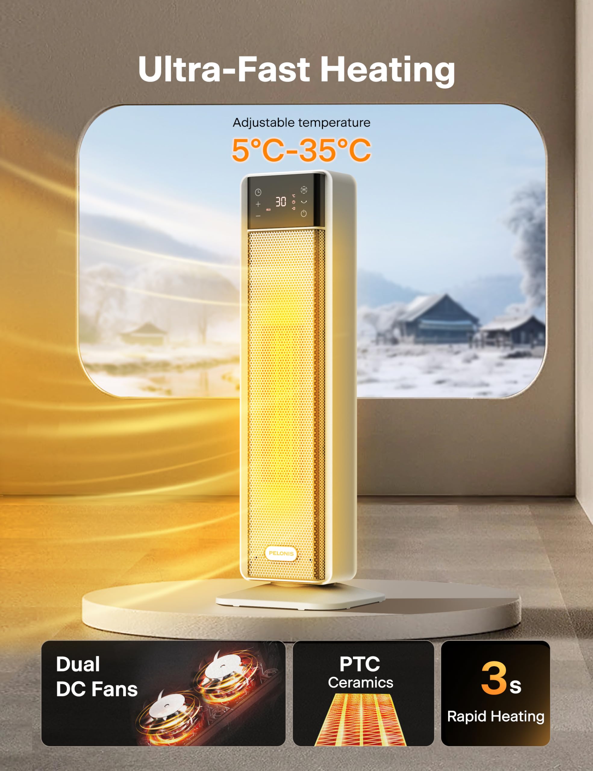 Pelonis Electric Heater - 2000W Silent Portable Ceramic Room Heater with 75° Oscillation, 24H Timer, Thermostat | White 2