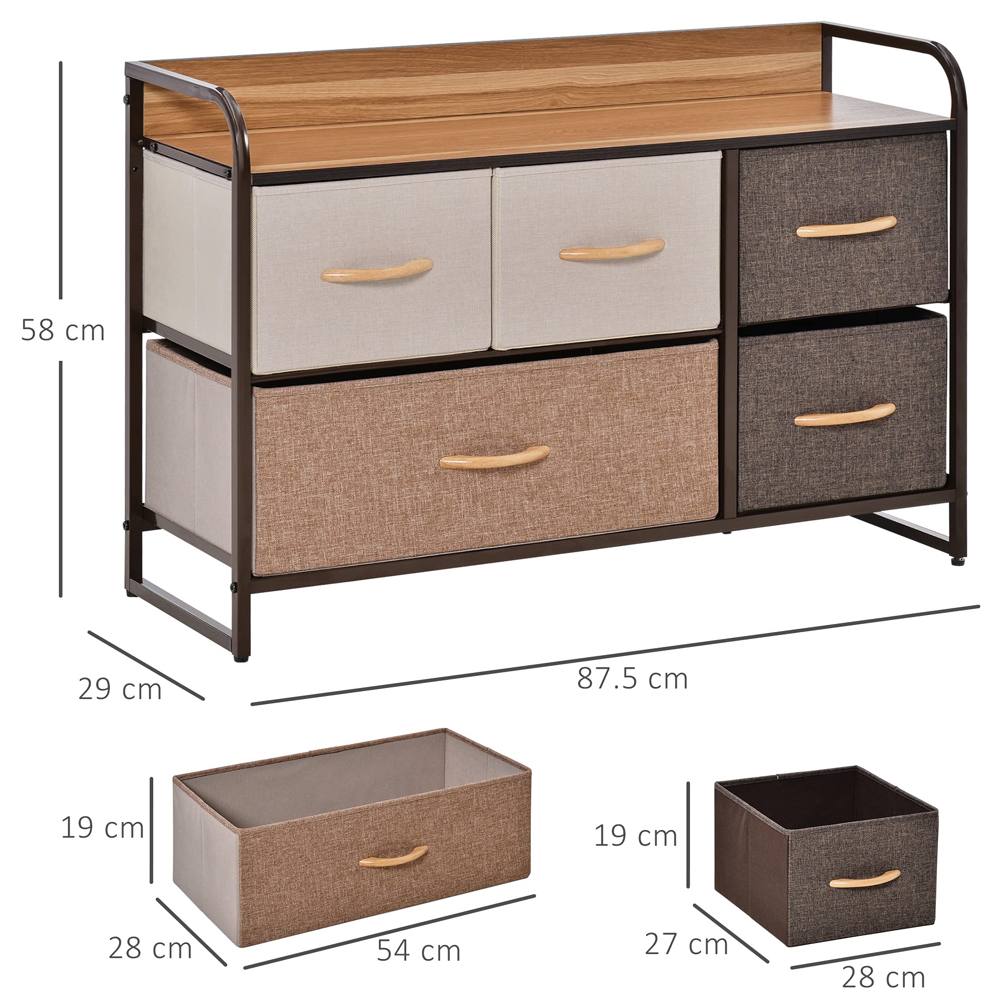 HOMCOM 5-Drawer Fabric Chest of Drawers - Metal Frame | 58H x 87.5W cm | Max Load 38kg 3