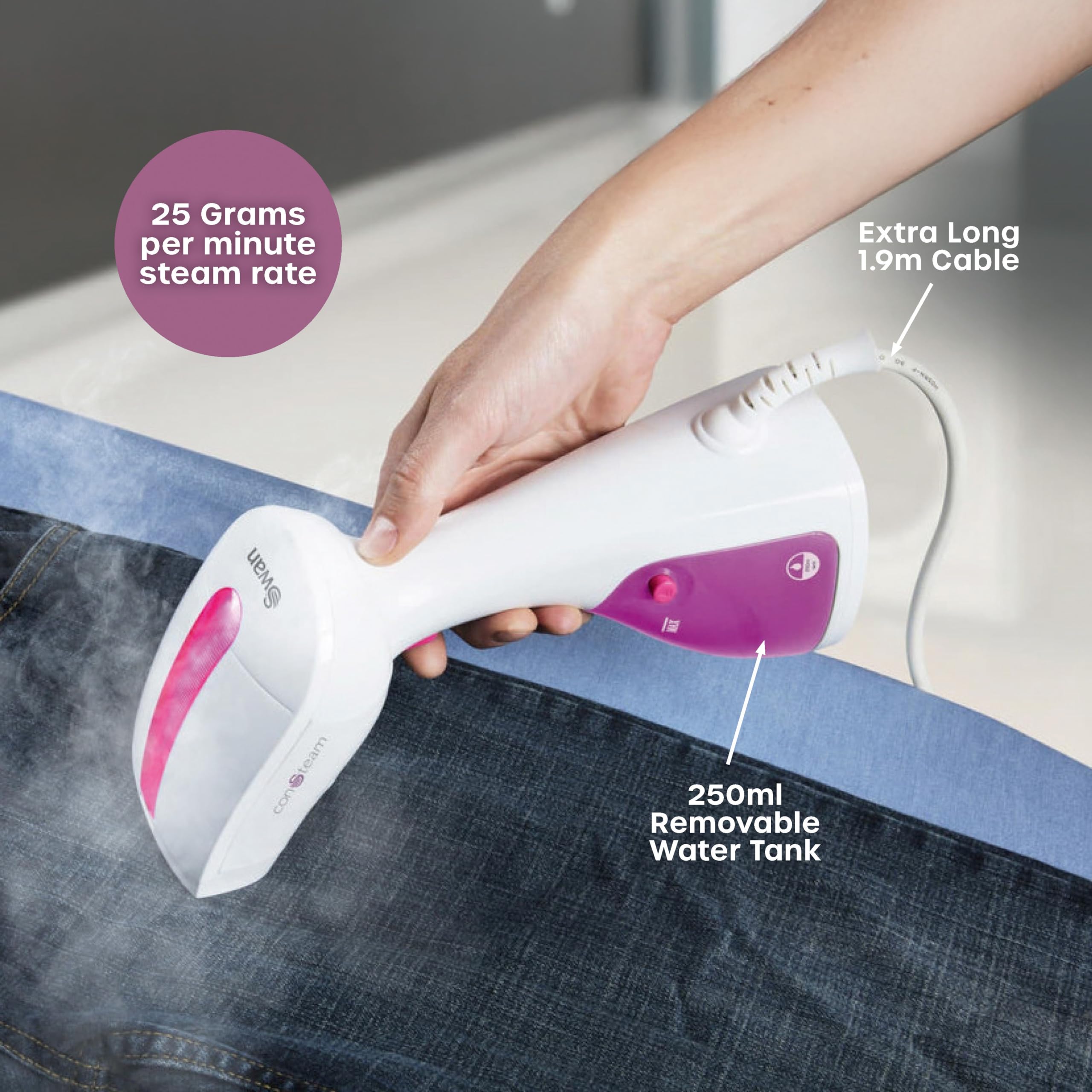 Swan SI12020N Handheld Garment Steamer - 1100W Power | 20 Min Continuous Steam | Pink & White 4