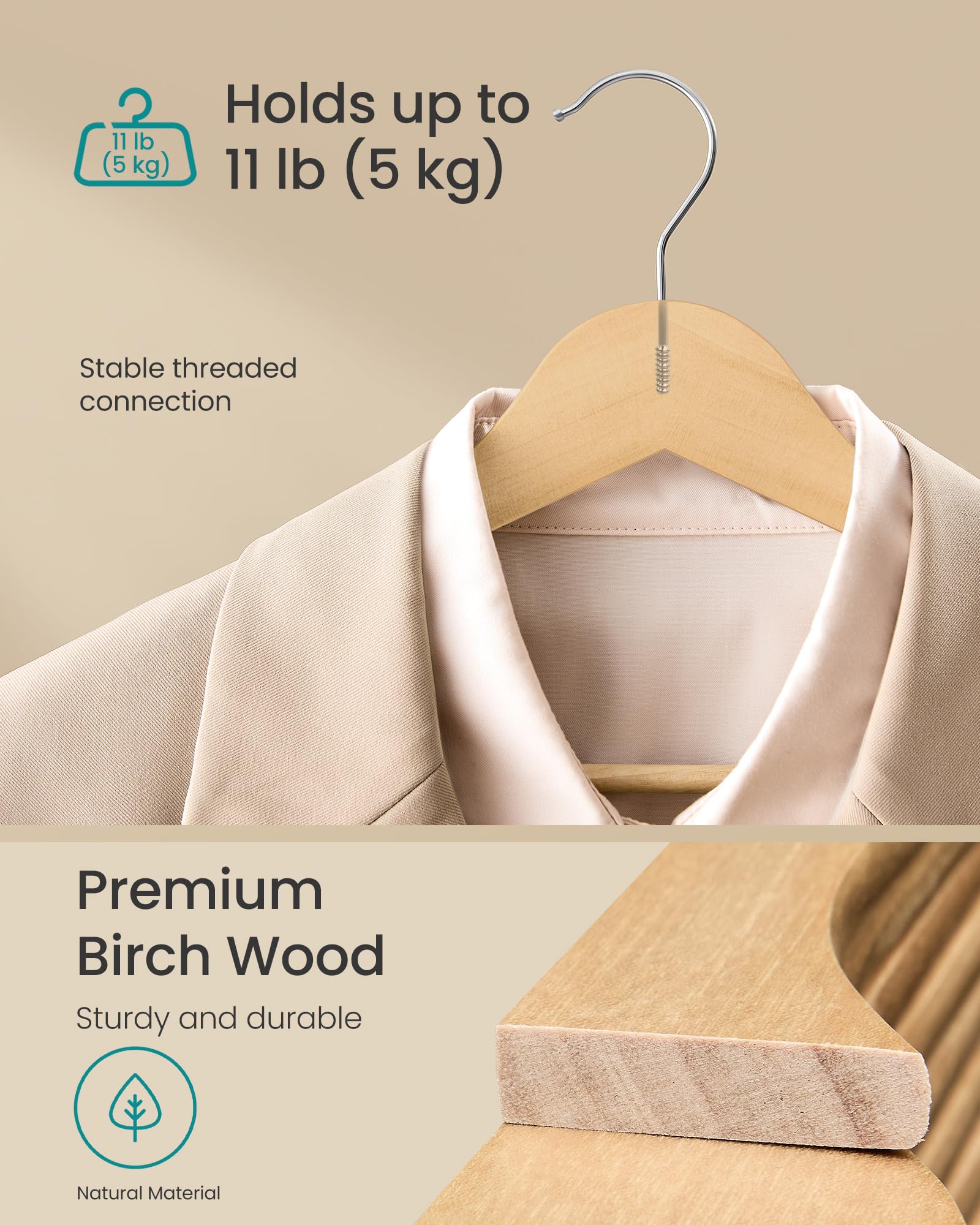 SONGMICS Wooden Hangers - 10 Pack Coat Hangers with Pants Bar | 0.8cm Slim Design | 5kg Capacity 3