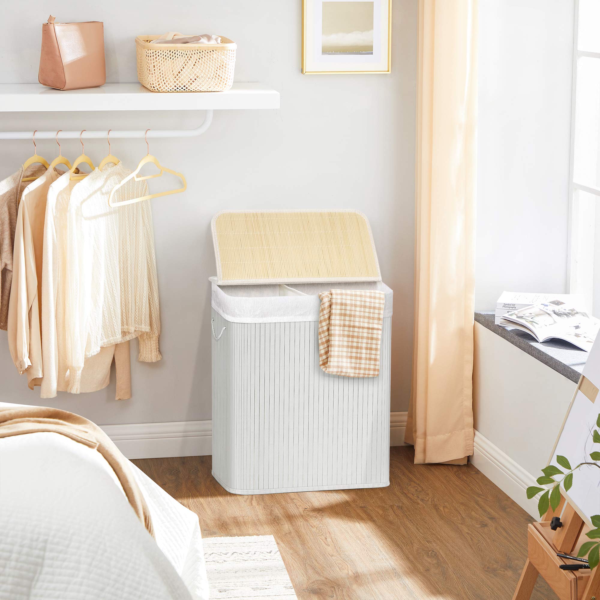 SONGMICS Bamboo Laundry Basket with Lid - 100L Capacity | 2 Sorting Compartments | Removable Liner 2