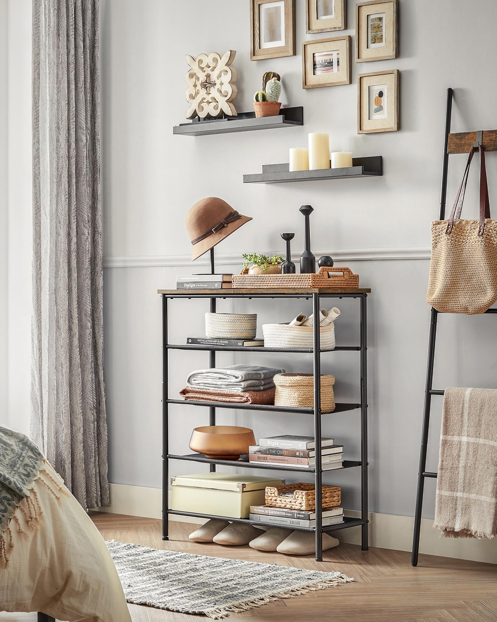 VASAGLE 5 Tier Shoe Rack - Narrow Storage Organiser for Hallway, Rustic Brown+Black 5