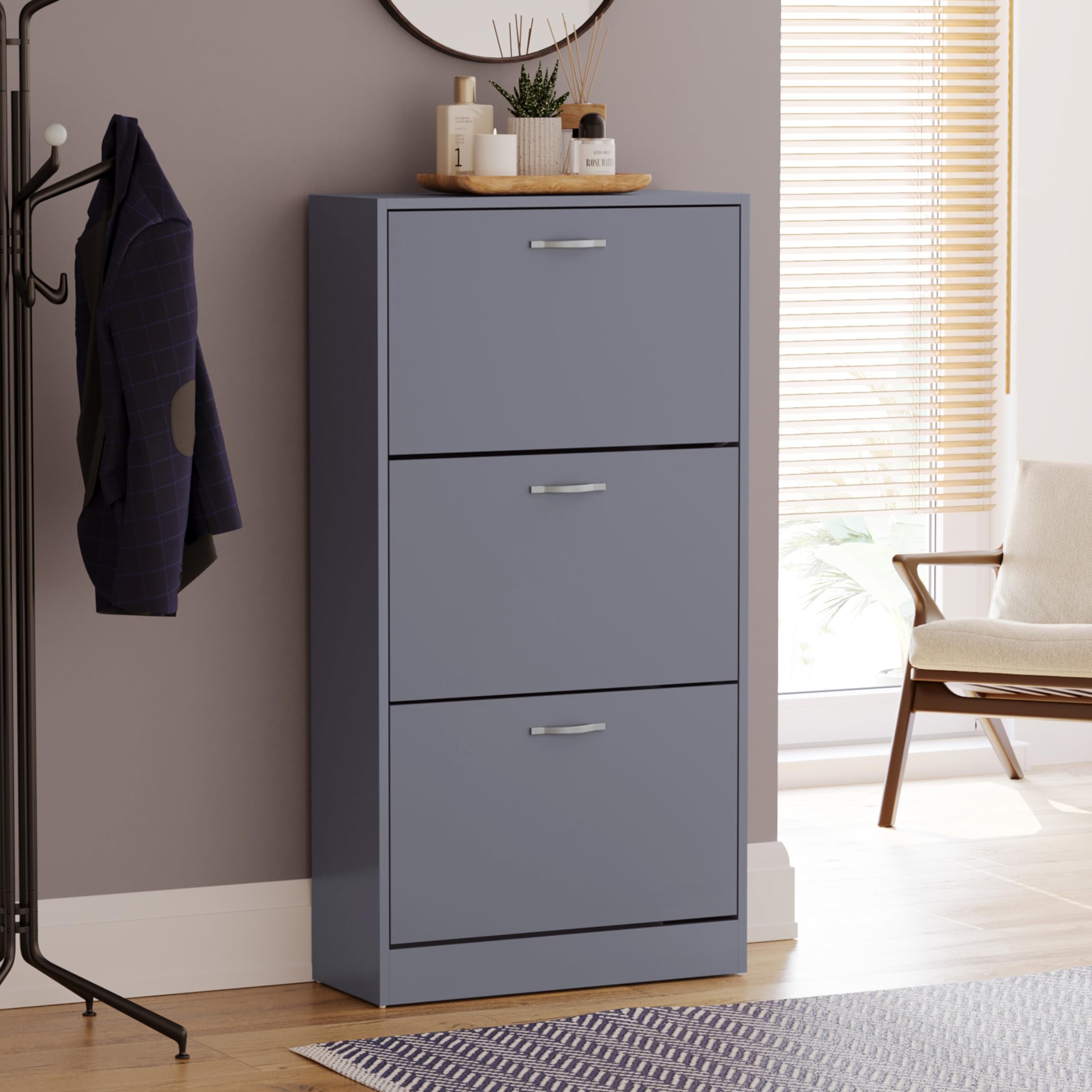 Vida Designs Wooden Shoe Cabinet - 3 Pull-Down Drawers | Slim Space-Saving Design | Grey 4