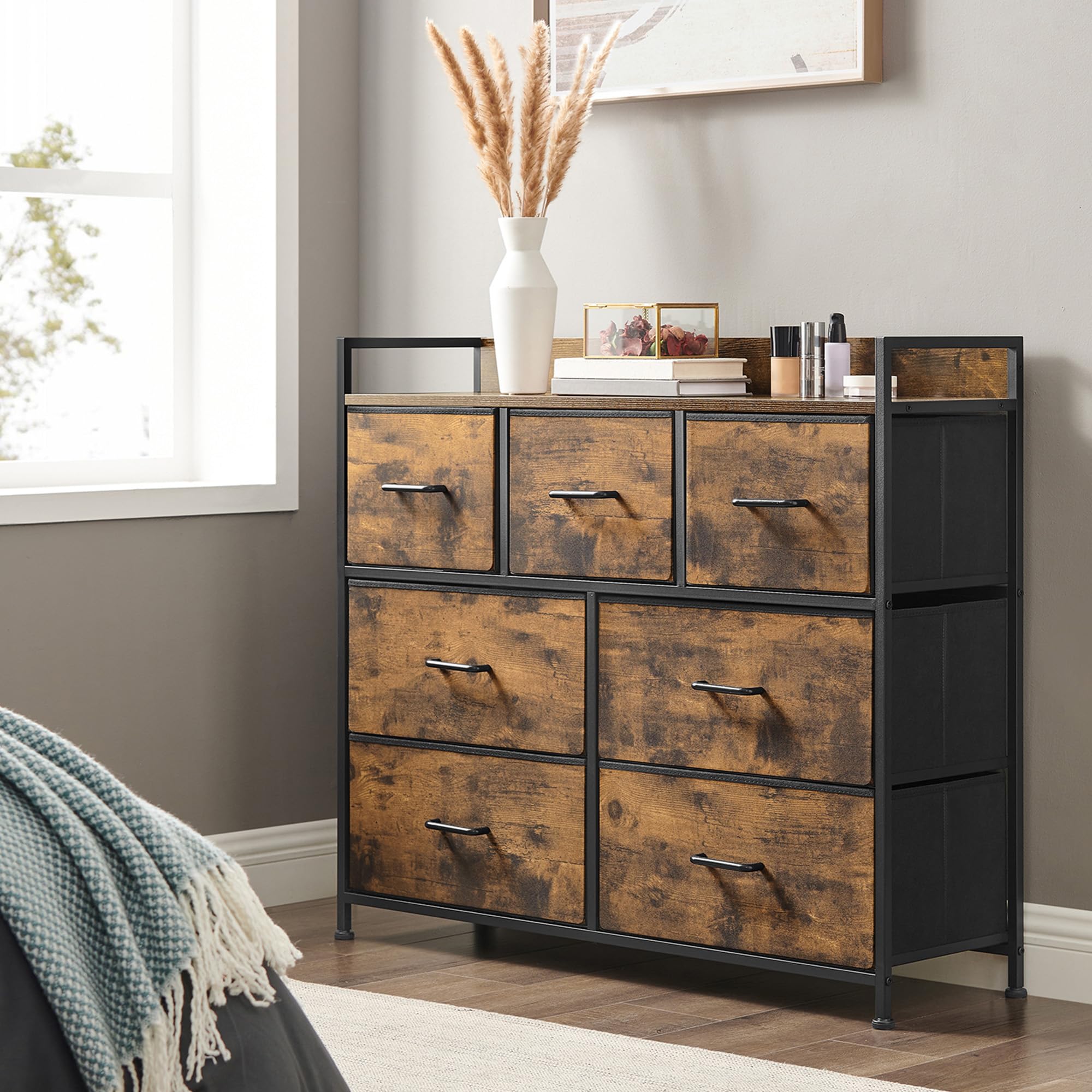 SONGMICS Chest of Drawers - 7 Fabric Drawers | Metal Frame | Rustic Brown & Ink Black | LTS137B01 1