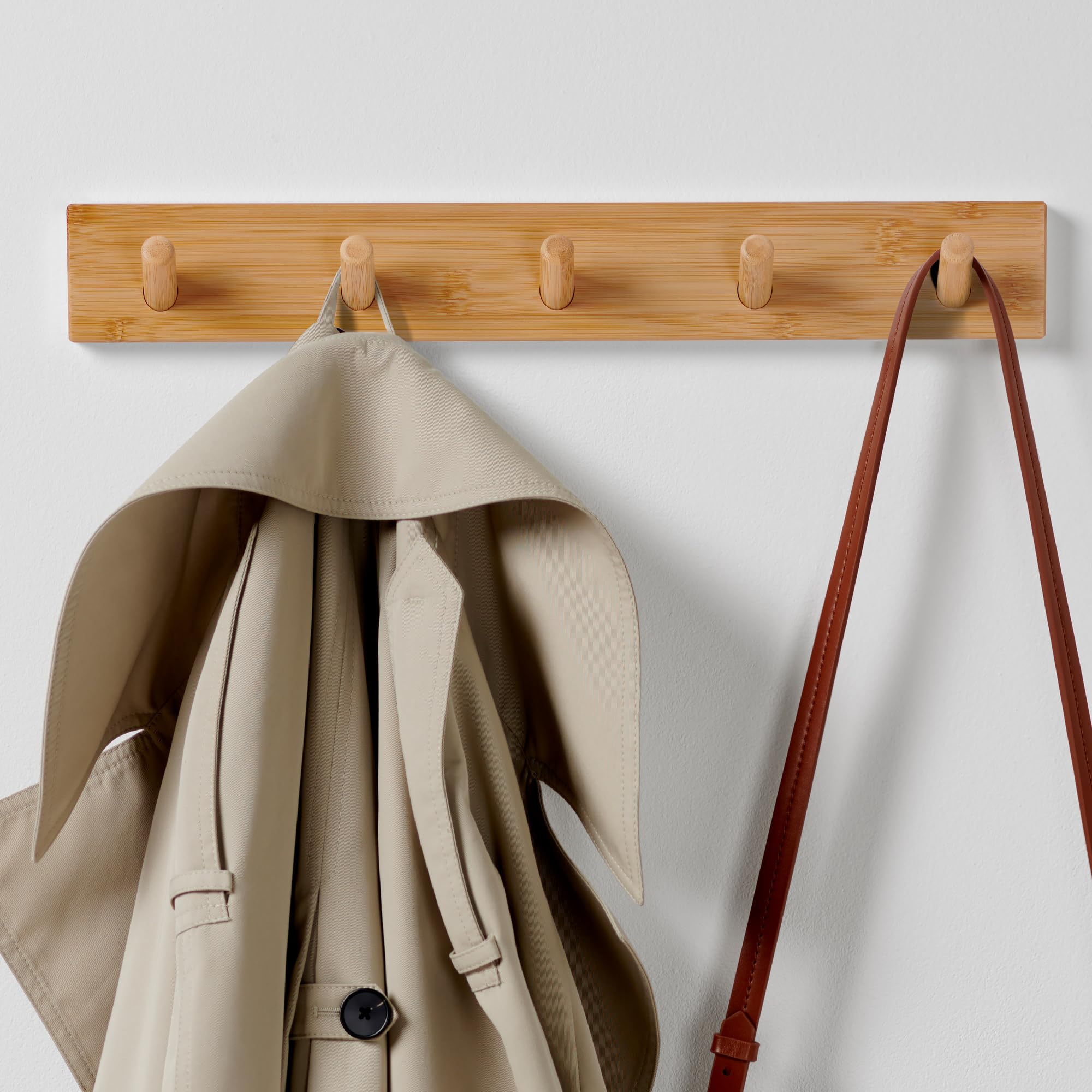LARHN Wooden Wall Coat Rack - 5 Hooks, Bamboo, Heavy Duty, Max Load 20kg