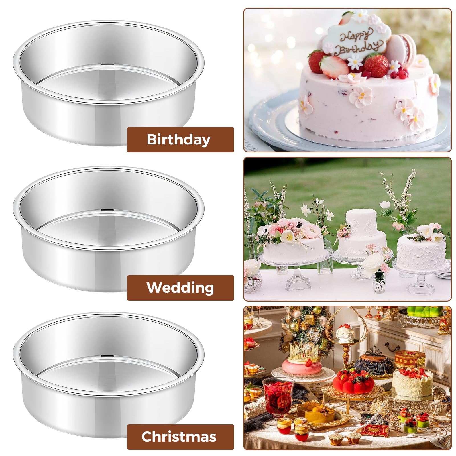 Woobroo 8 Inch Anodized Aluminium Round Cake Tin | Set of 3 | Solid Bottom 3