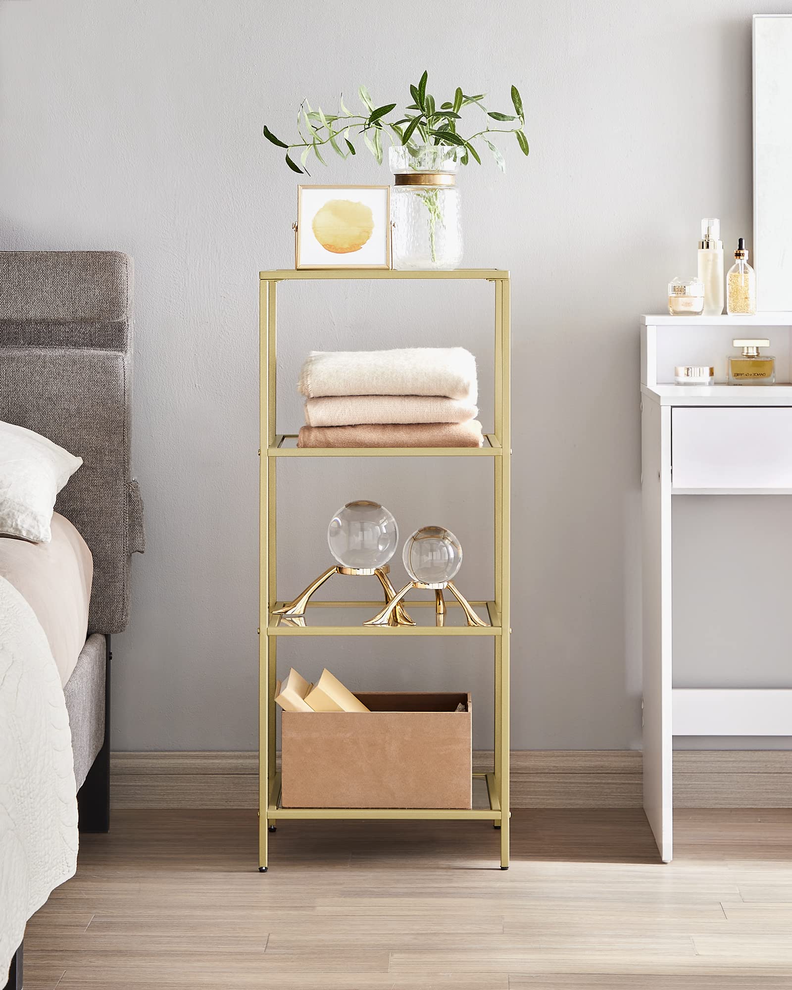 VASAGLE 4-Tier Glass Shelf Unit - Tempered Glass & Metal Frame | 10kg Capacity | Metallic Gold LGT28G 4
