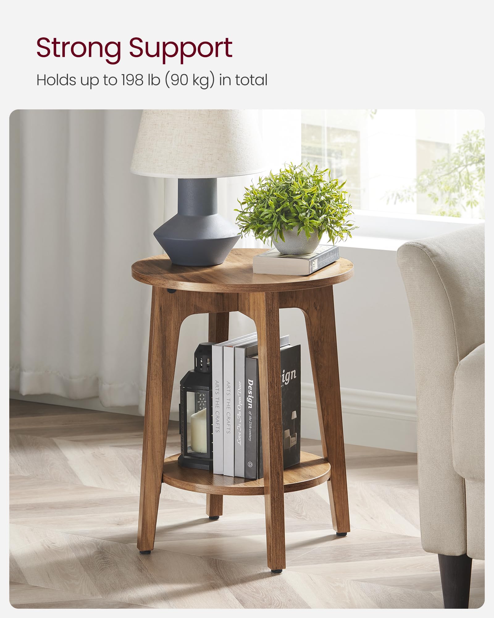 VASAGLE Modern Round End Table - Honey Brown, 2-Tier Storage | 40x50 cm 6