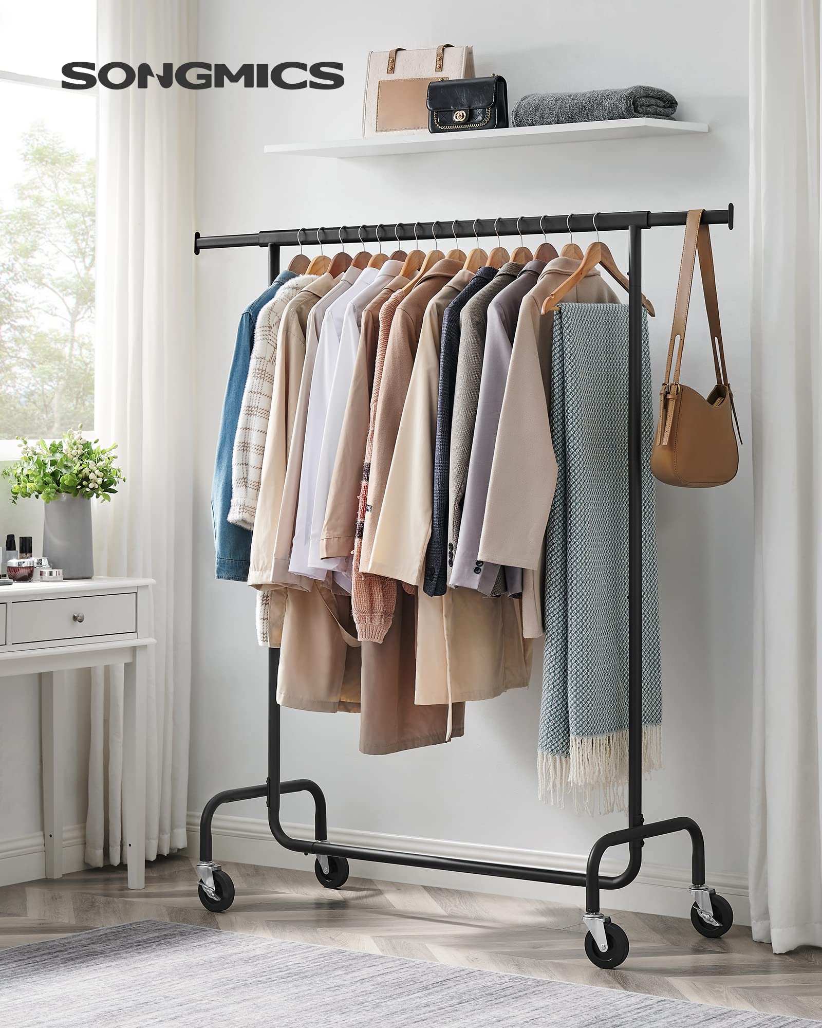 SONGMICS Heavy-Duty Clothes Rack on Wheels - Extendable Rail, 130 kg Capacity | Matte Black 2