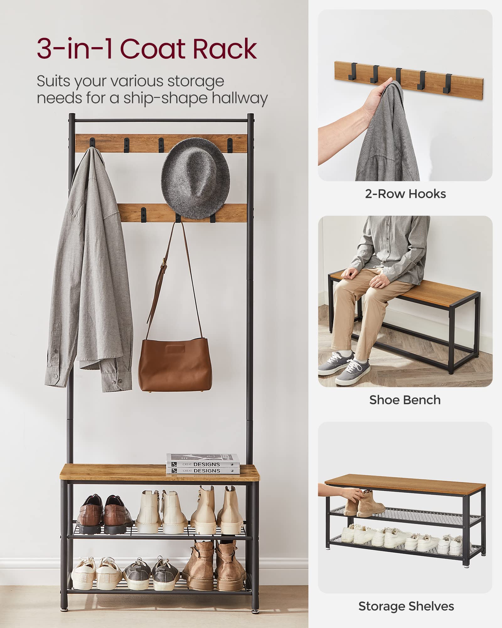 VASAGLE Hallway Storage Coat Rack with Shoe Bench | 9 Hooks | Chestnut Brown + Black 3