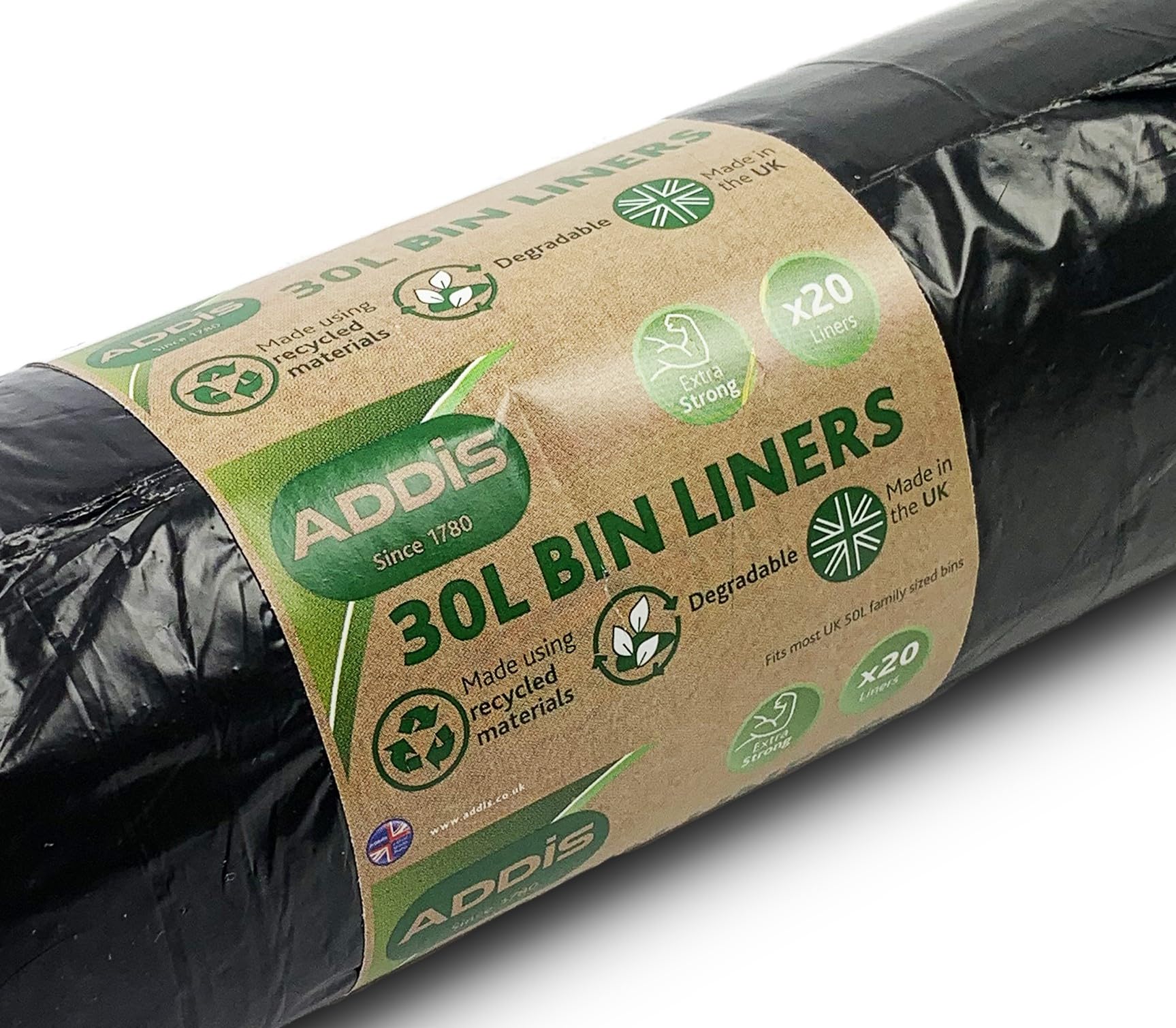 Addis 518023 Kitchen Waste Bin Liners - 30L Capacity | Pack of 20 | 22 Micron HDPE 3