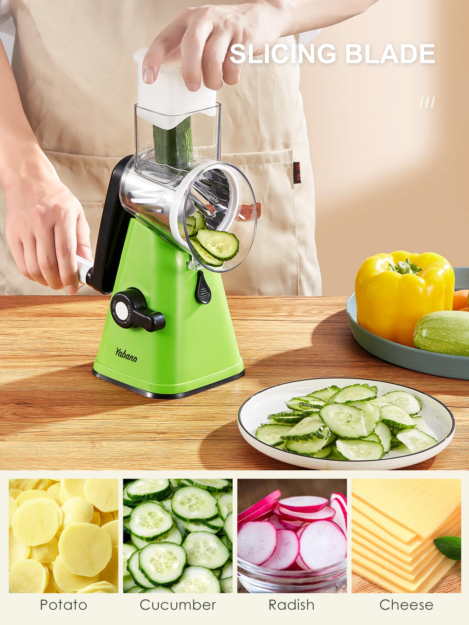 Yabano Rotary Cheese Grater - Vegetable Slicer with 3 Replaceable Stainless Steel Blades | Green 4