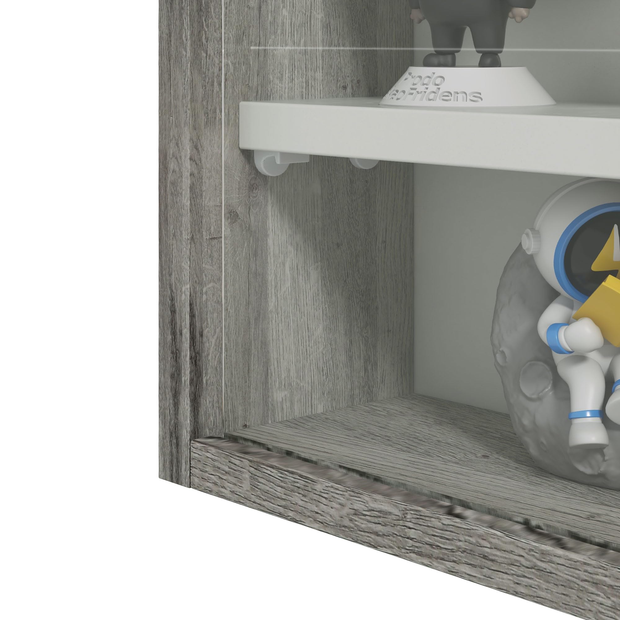 HOMCOM 5-Tier Wall Mounted Display Cabinet - Grey Wood Grain | Adjustable Shelves | Glass Doors 9
