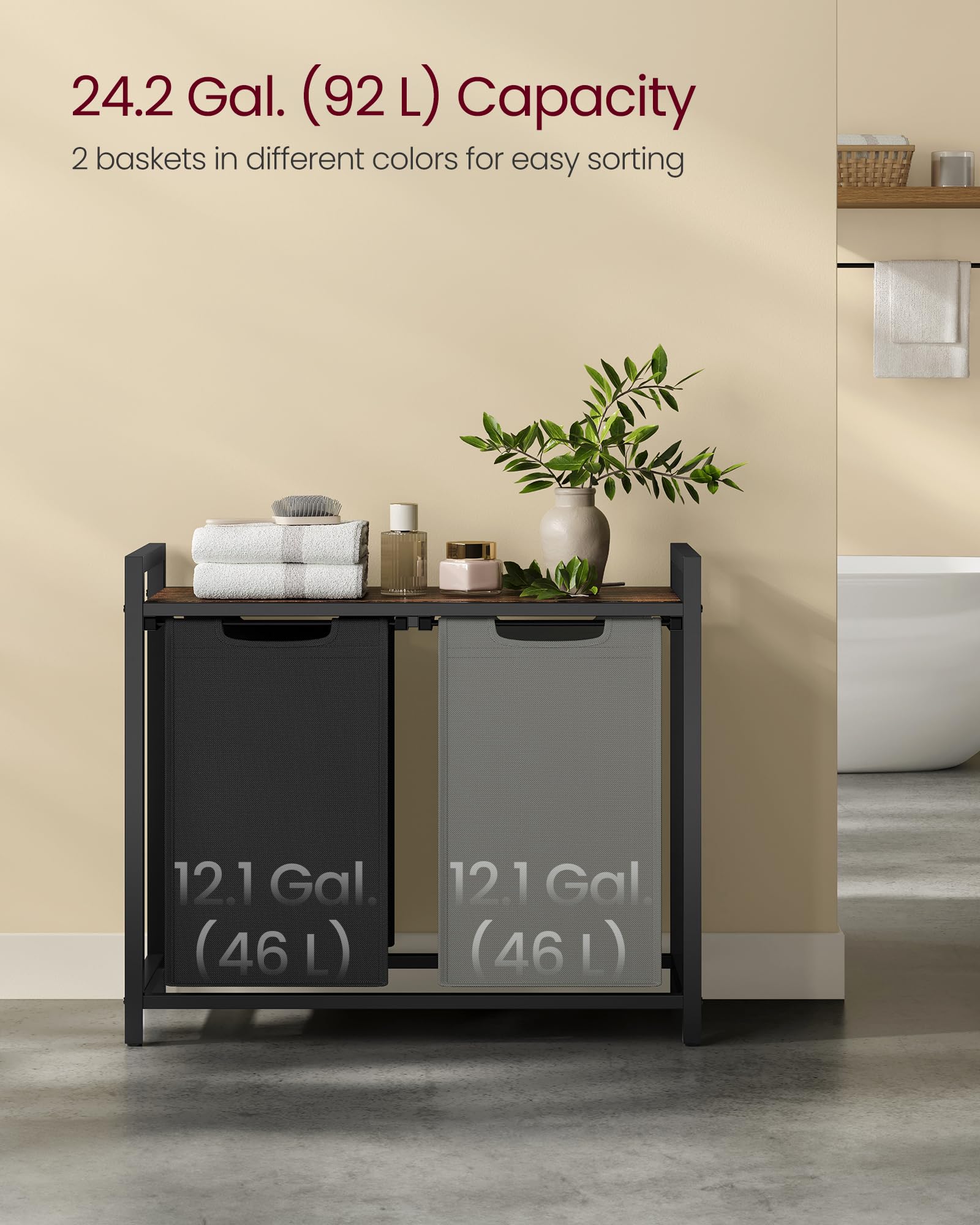 VASAGLE 2-Compartment Laundry Hamper with Shelf | 92 L Capacity | Removable Liners 3