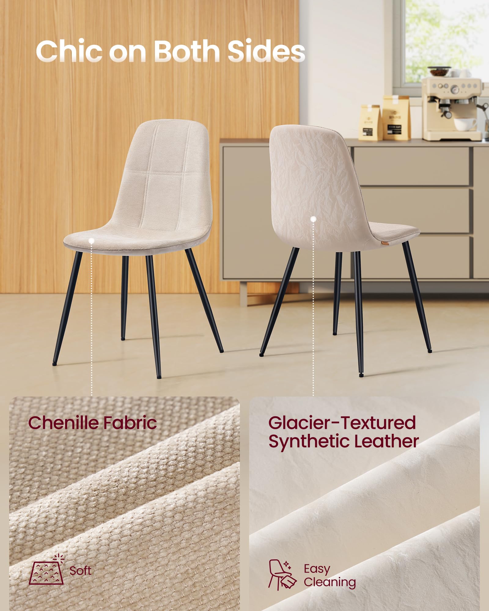 VASAGLE Dining Chairs Set of 2 - Cream White, Metal Frame, Chenille & Synthetic Leather Upholstery 4