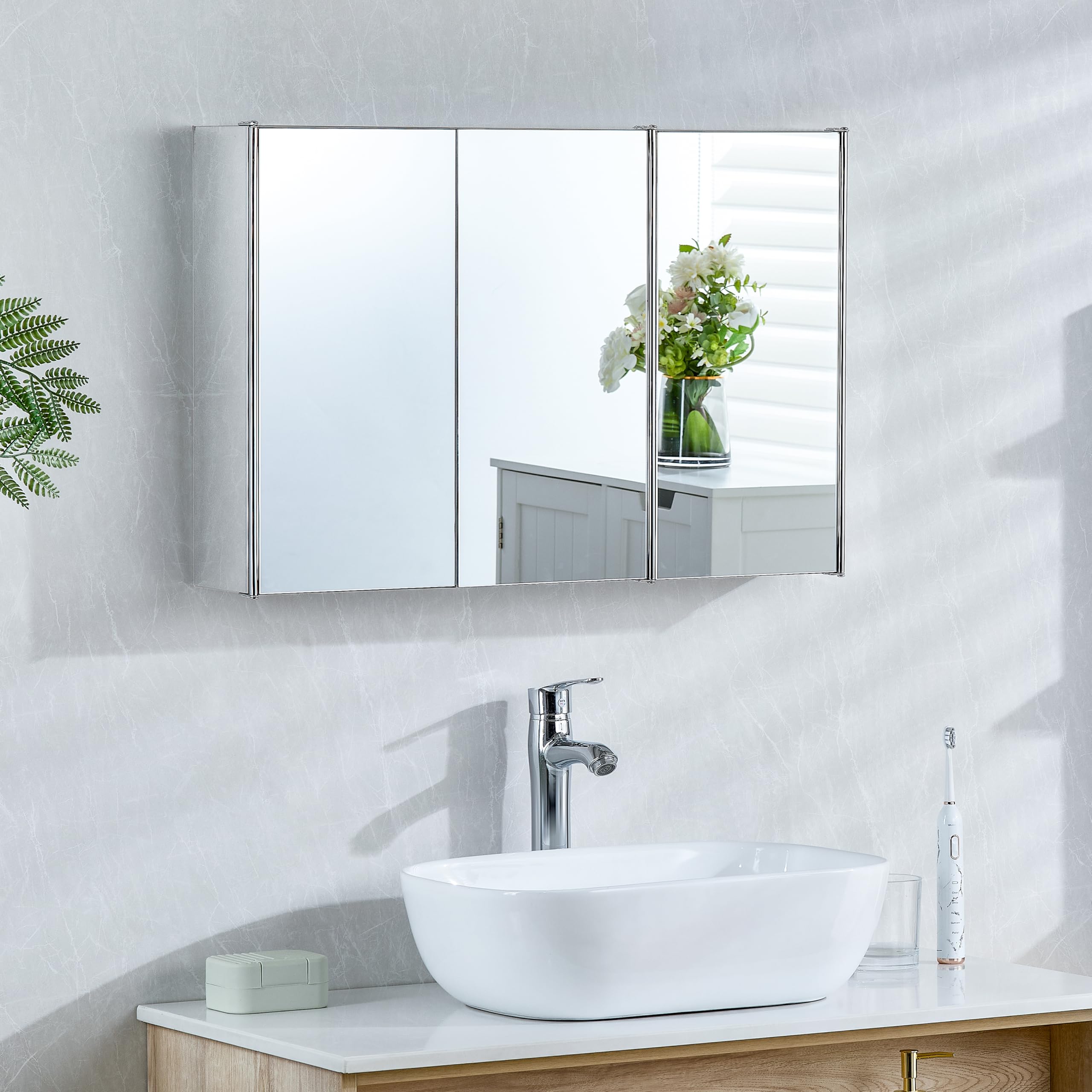 Bath Vida Tiano Triple-Mirror Wall-Mounted Cabinet | Stainless Steel | Silver Finish | Storage Cupboard