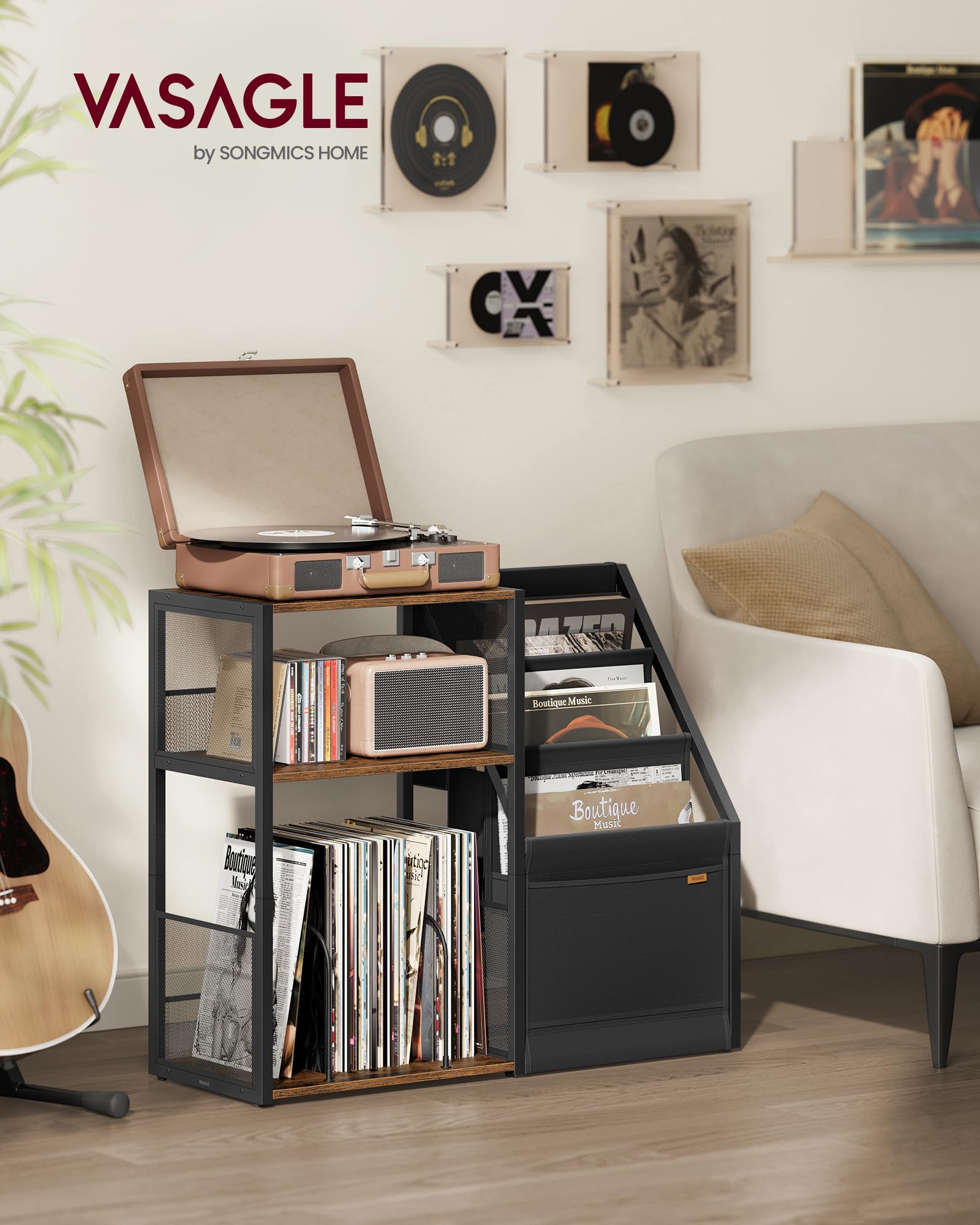 VASAGLE Record Player Stand - 3-Tier Storage for 140 Albums | Rustic Brown End Table 2
