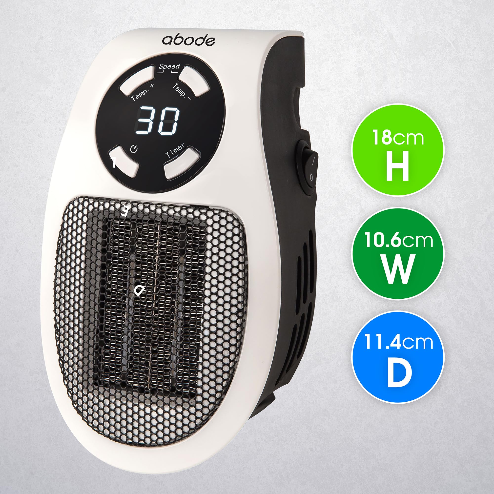 Abode 500W Compact Portable White Ceramic Plug-in Heater with 2 Heat Settings | 15°C-30°C | 12hr Timer